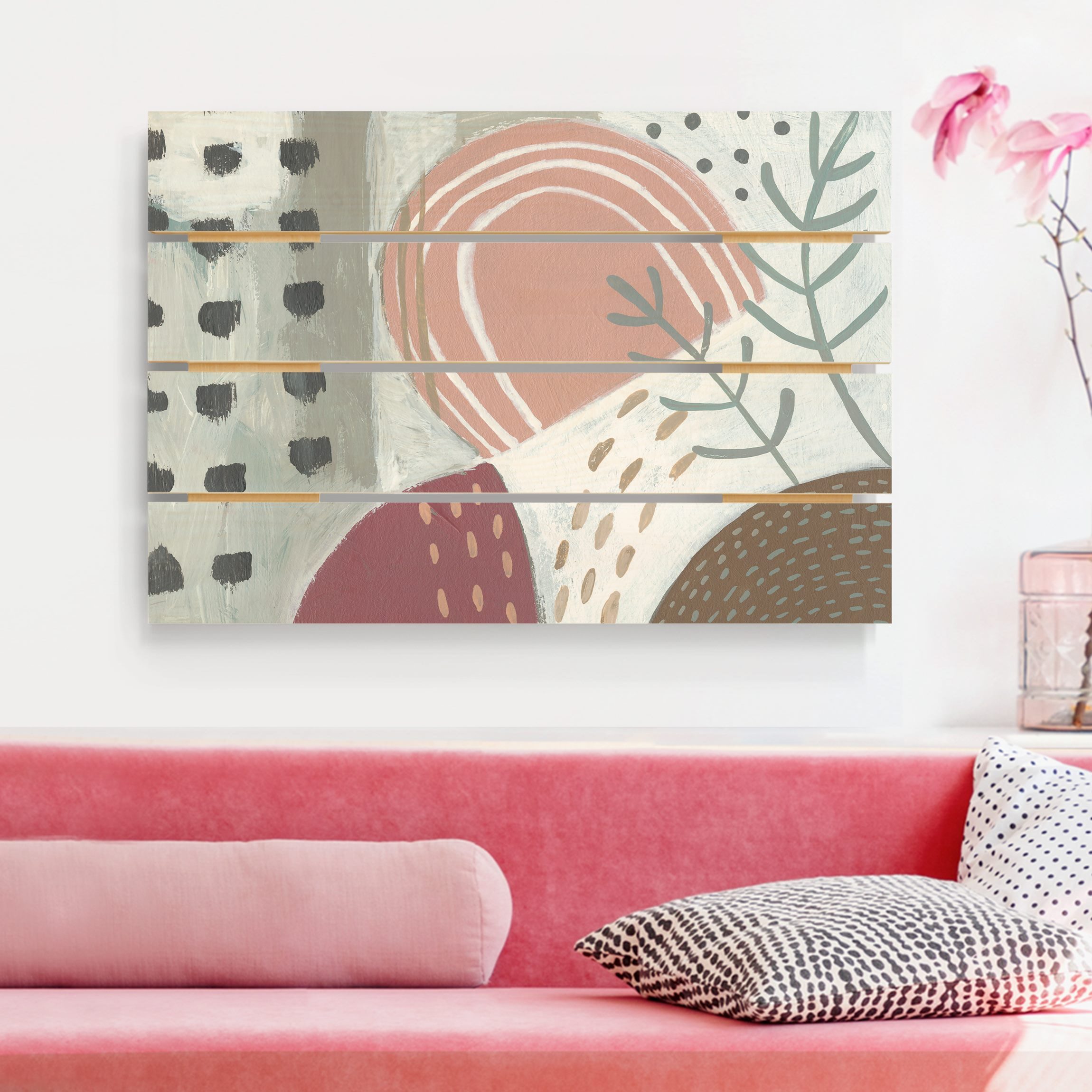 Holzbild Plankenoptik - Querformat Karneval der Formen in Beere I