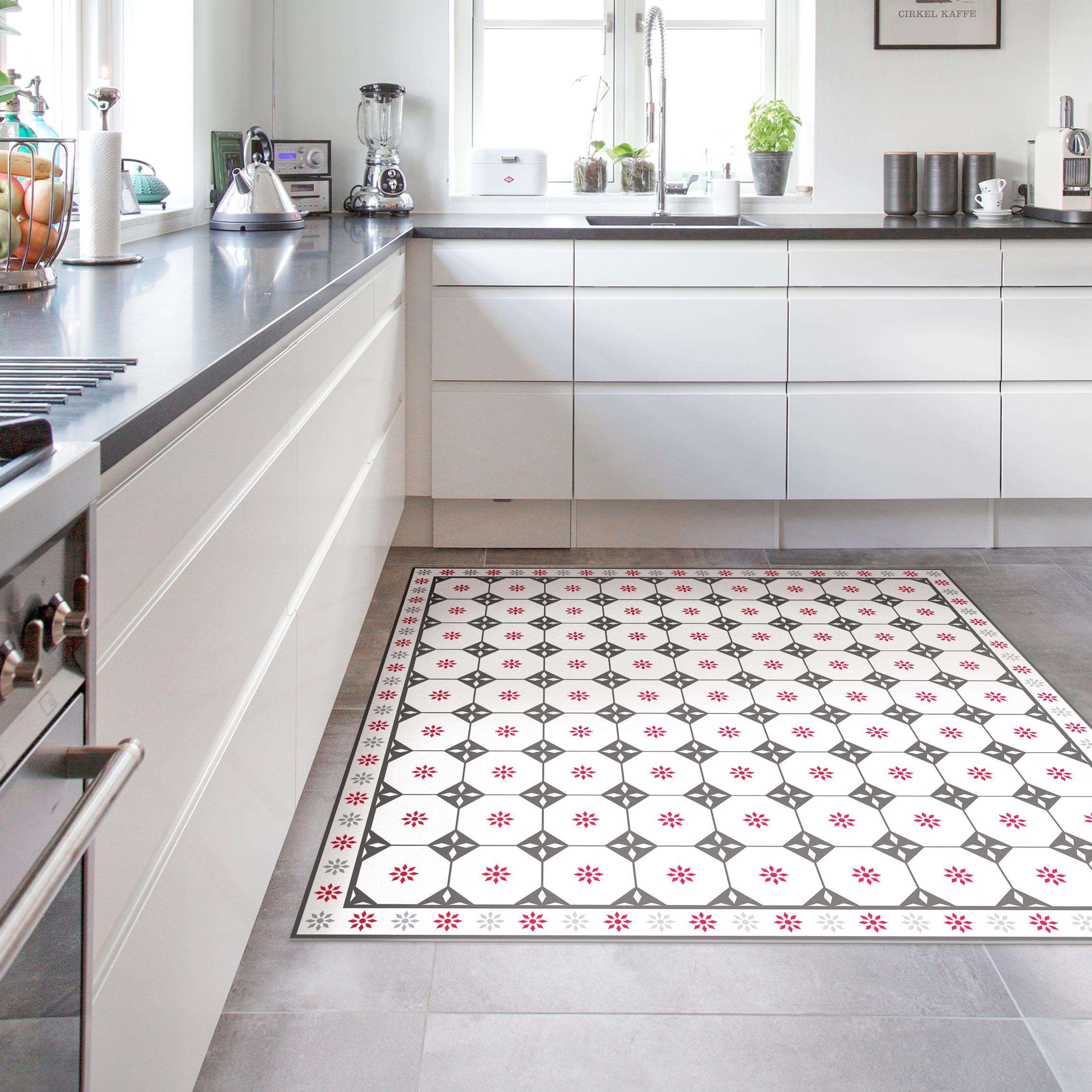 Vinylteppich Geometrische Fliesen Landhaus Grau Rot mit Bordüre