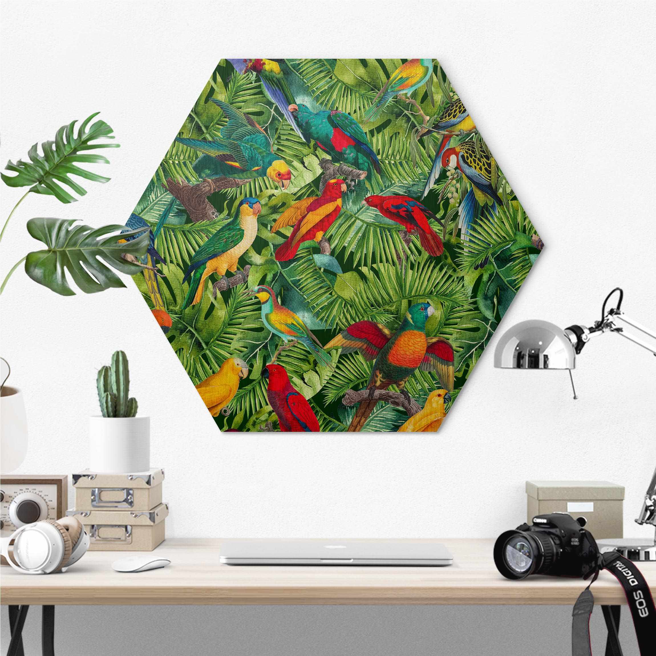 Hexagon-Alu-Dibond Bild Bunte Collage - Papageien im Dschungel