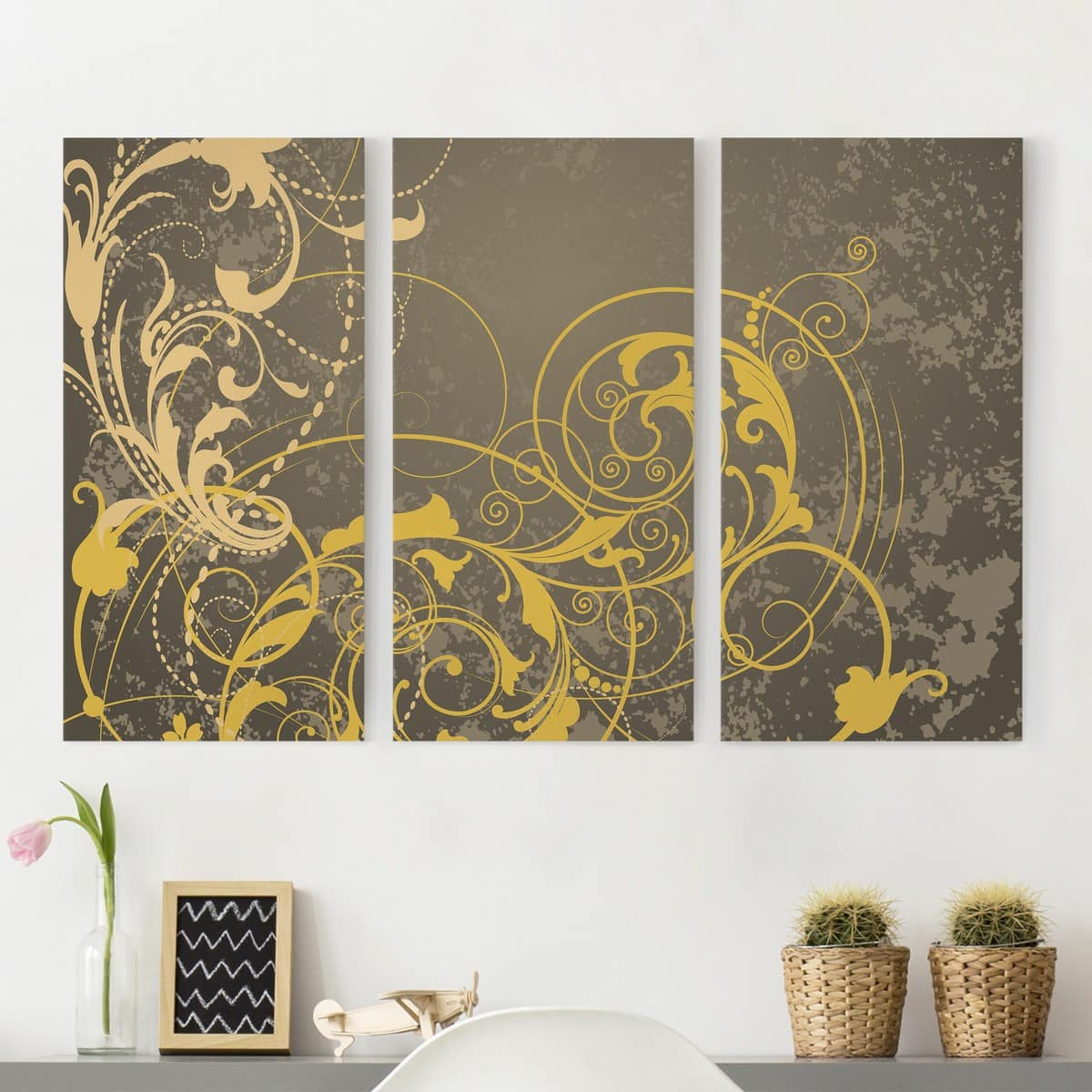 3-teiliges Leinwandbild Muster Schnörkel in Gold