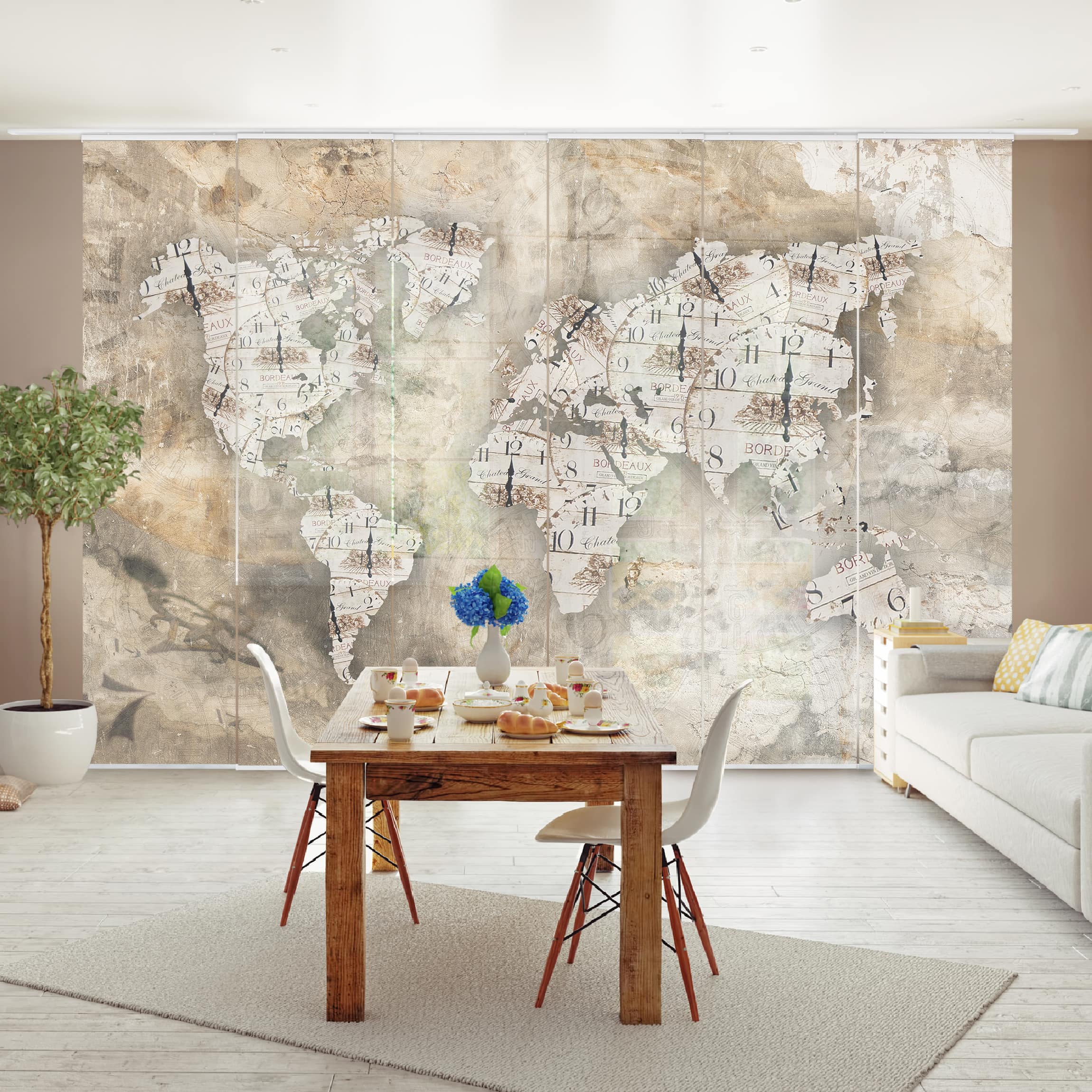 Schiebegardine Shabby Uhren Weltkarte