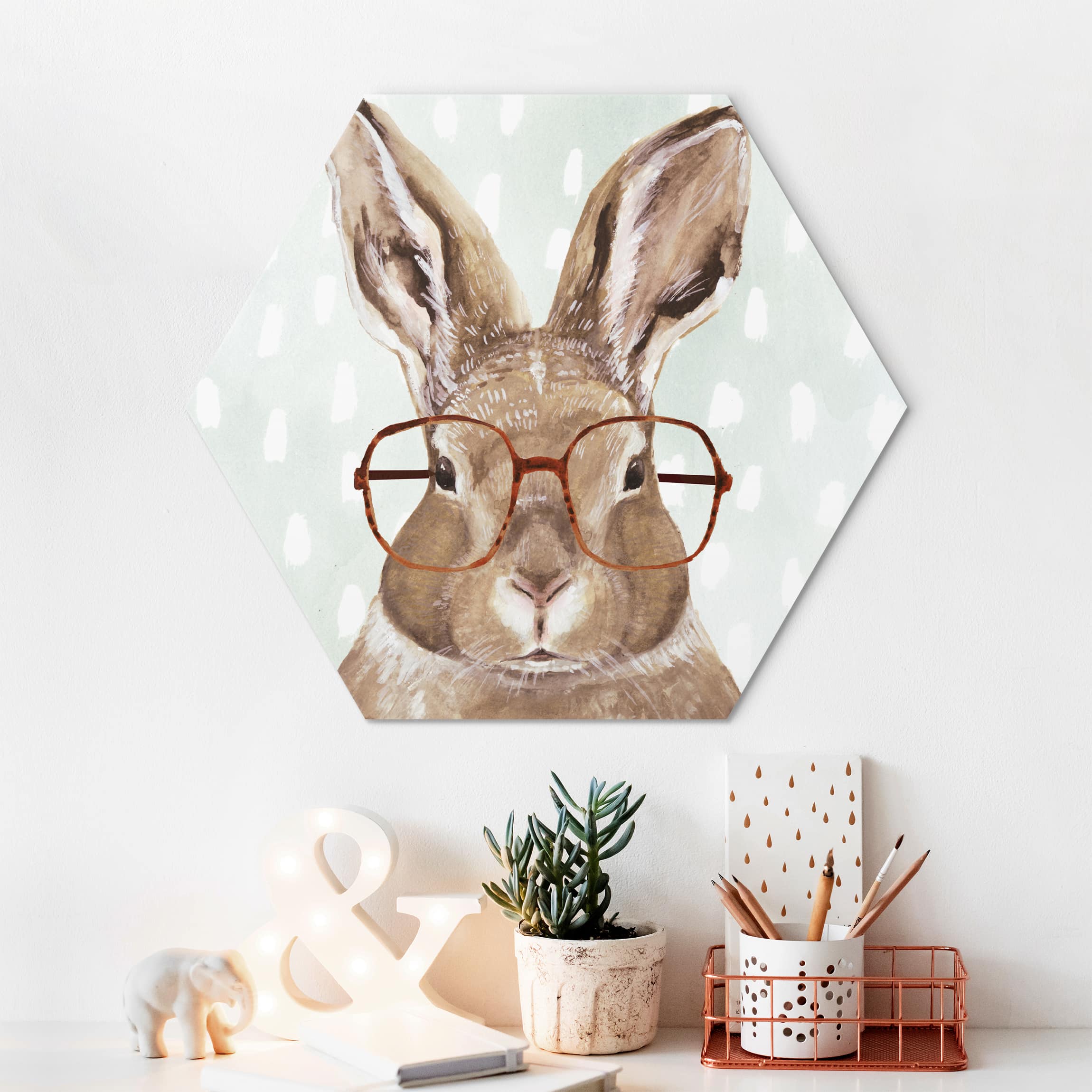 Hexagon-Alu-Dibond Bild Bebrillte Tiere - Hase