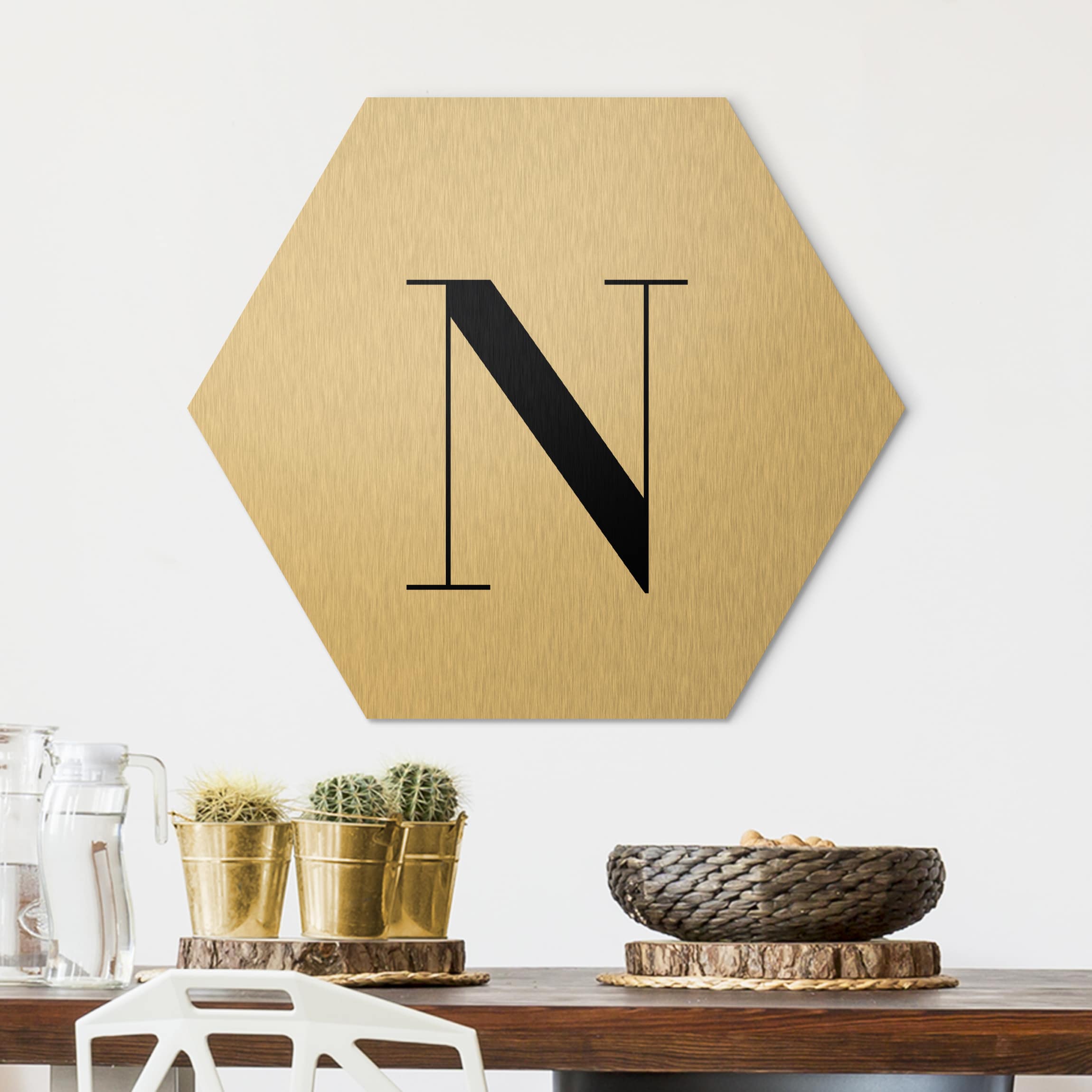 Hexagon-Alu-Dibond Bild Buchstabe Serif Weiß N