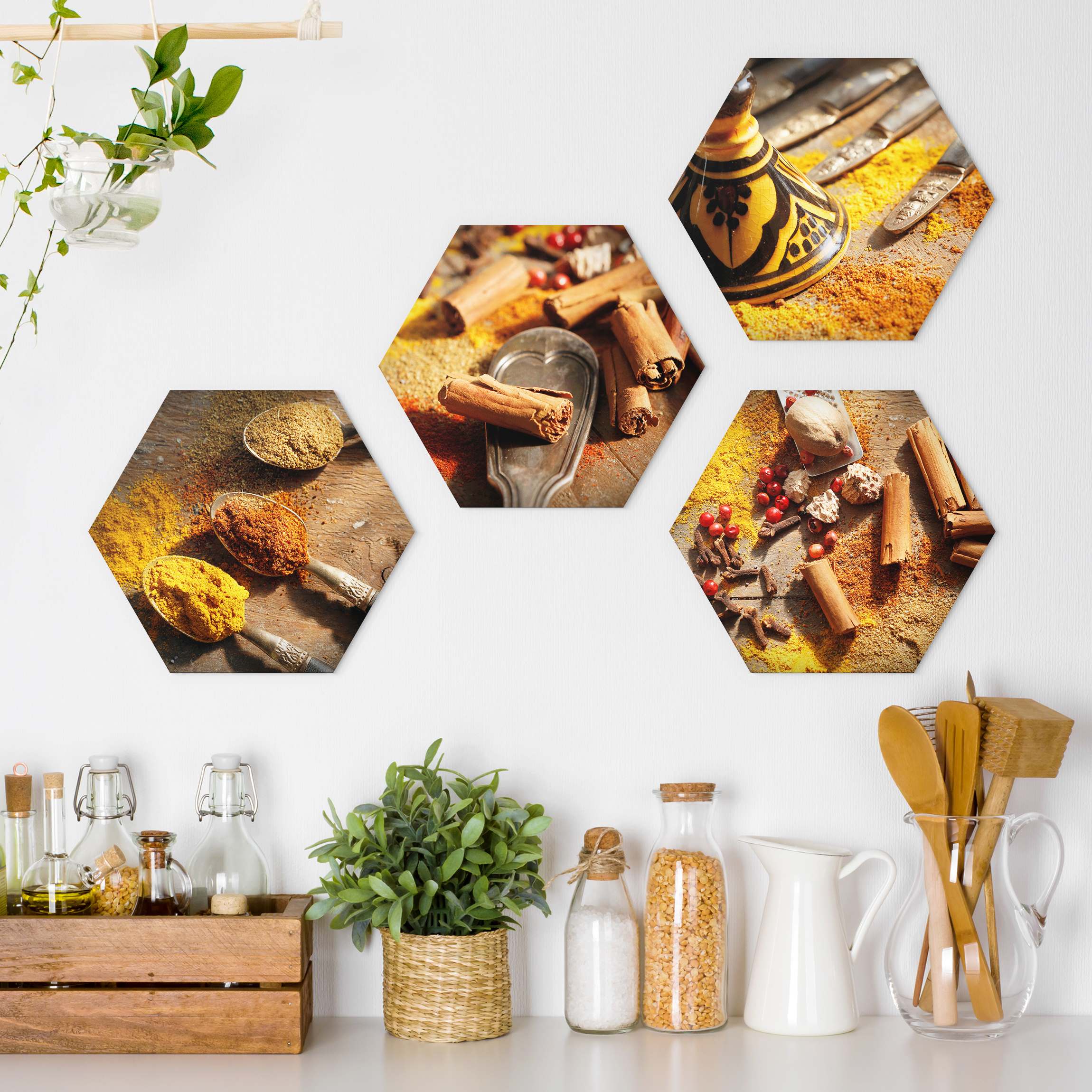 4-teiliges Hexagon-Alu-Dibond Bild Orientalische Gewürze