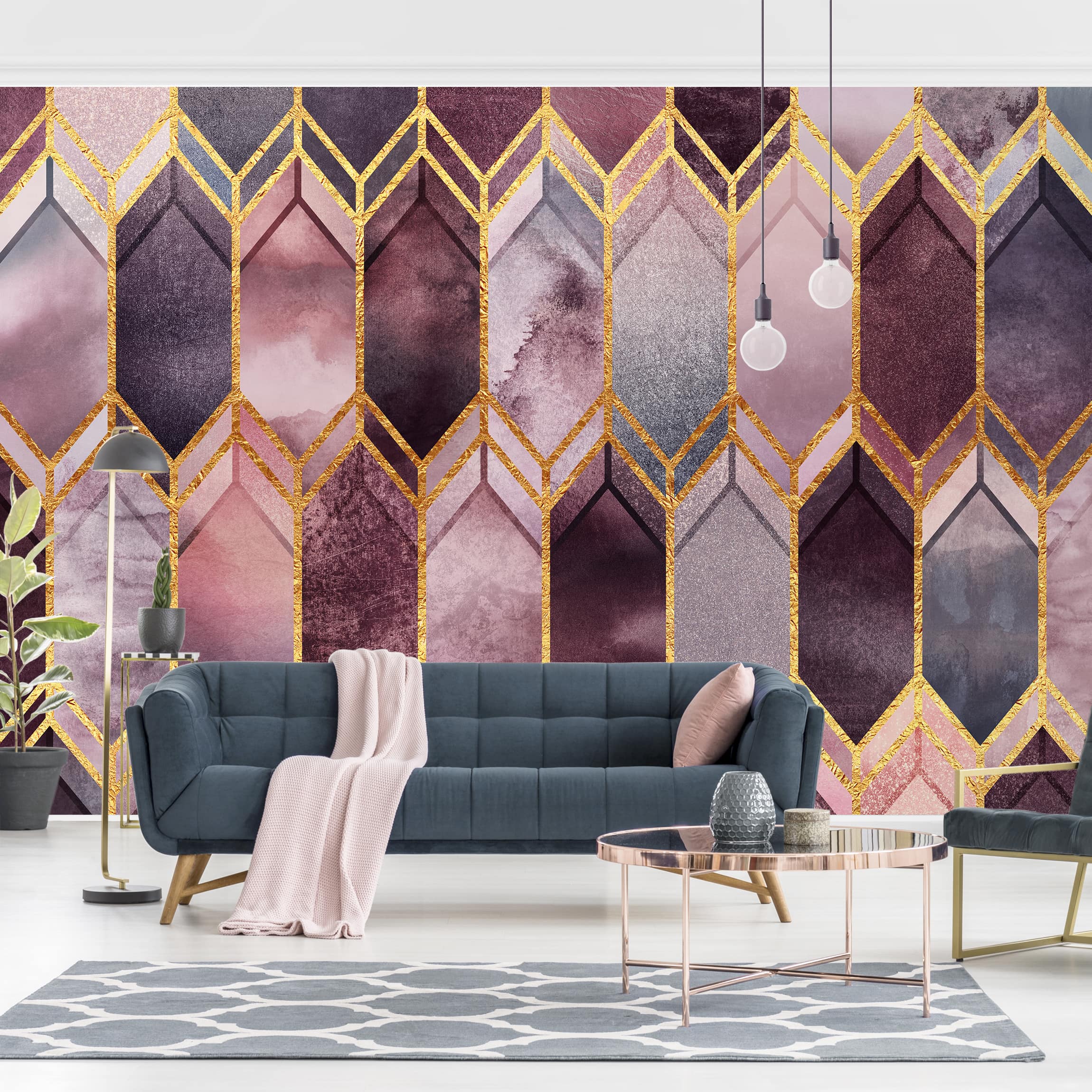 Mustertapete Glasmalerei geometrisch Rosé Gold