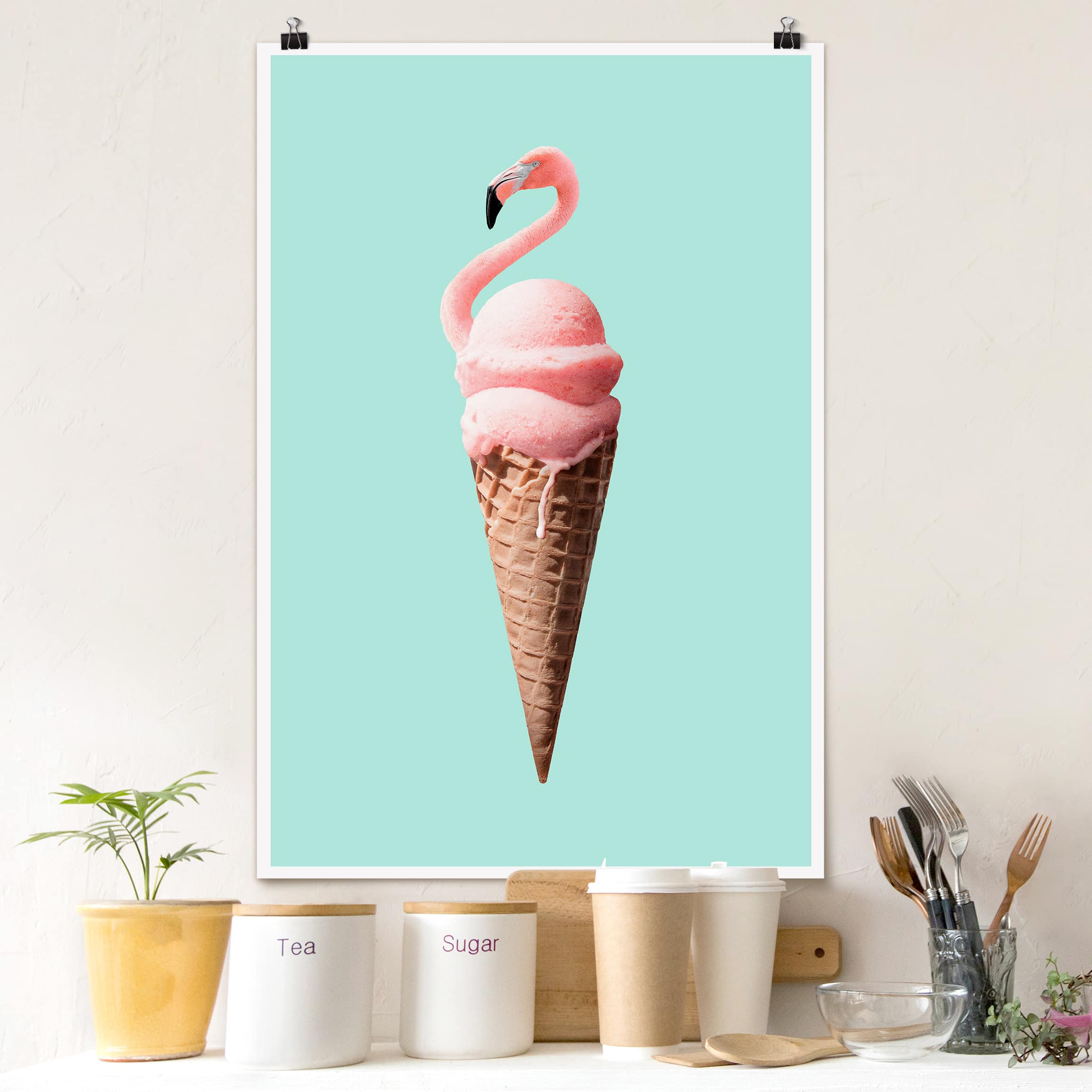 Poster Tiere Eis mit Flamingo