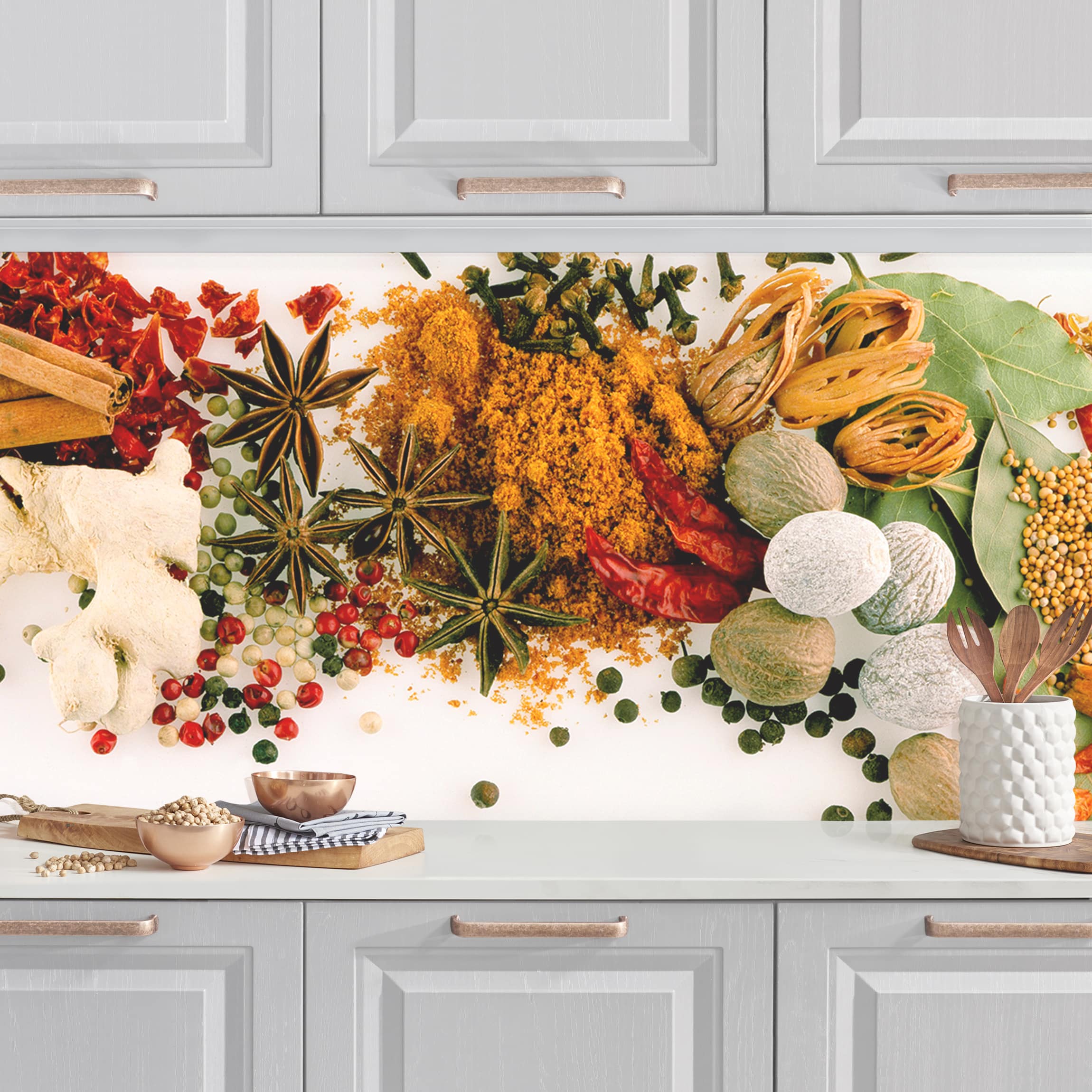 Küchenrückwand Gewürze und getrocknete Kräuter
