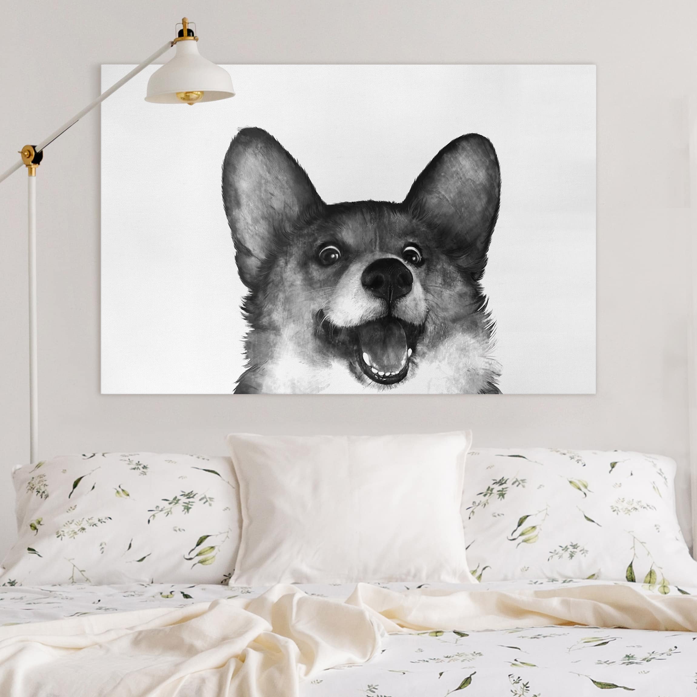 Leinwandbild - Querformat Illustration Hund Corgi Weiß Schwarz Malerei