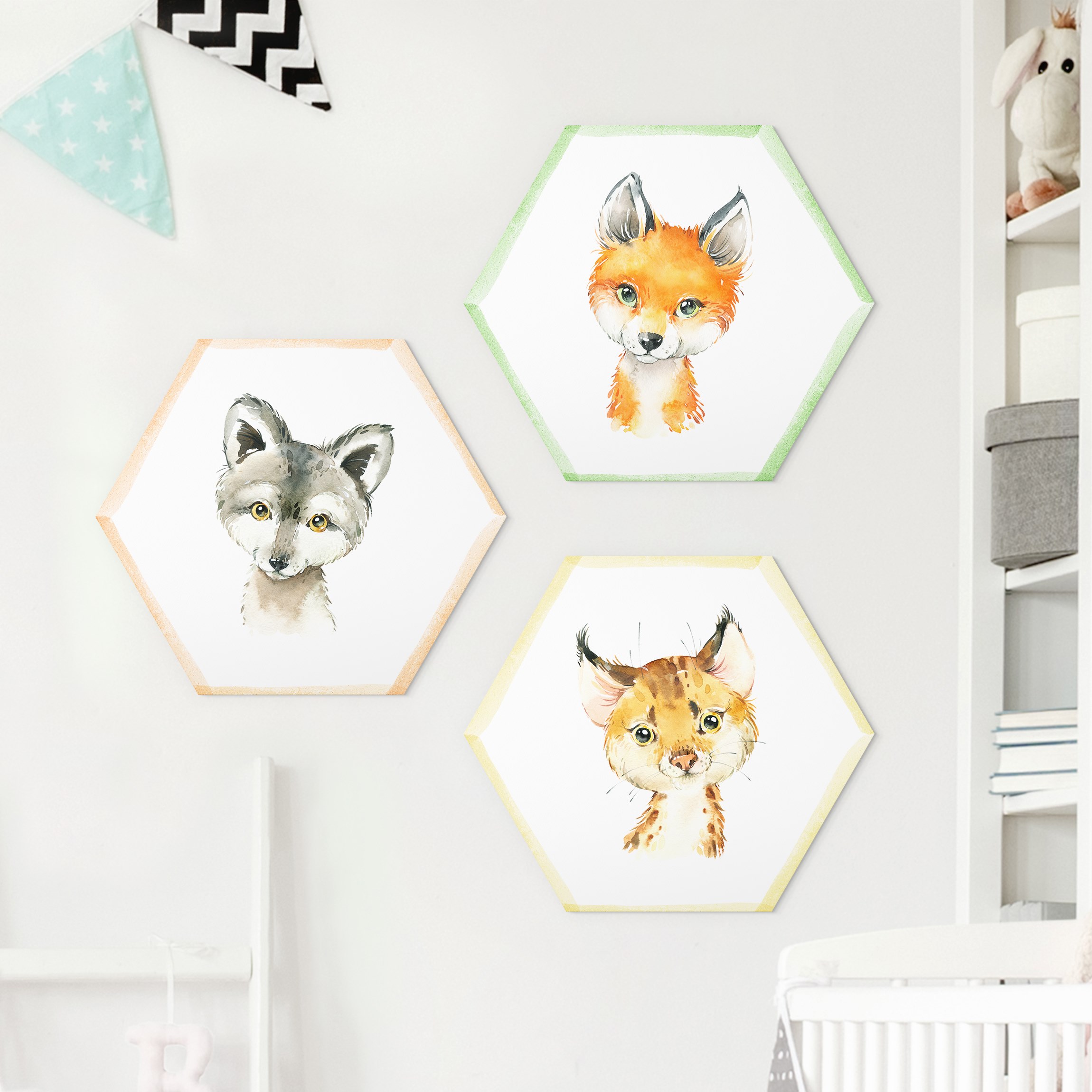 3-teiliges Hexagon-Alu-Dibond Bild Aquarell Waldtiere Set III