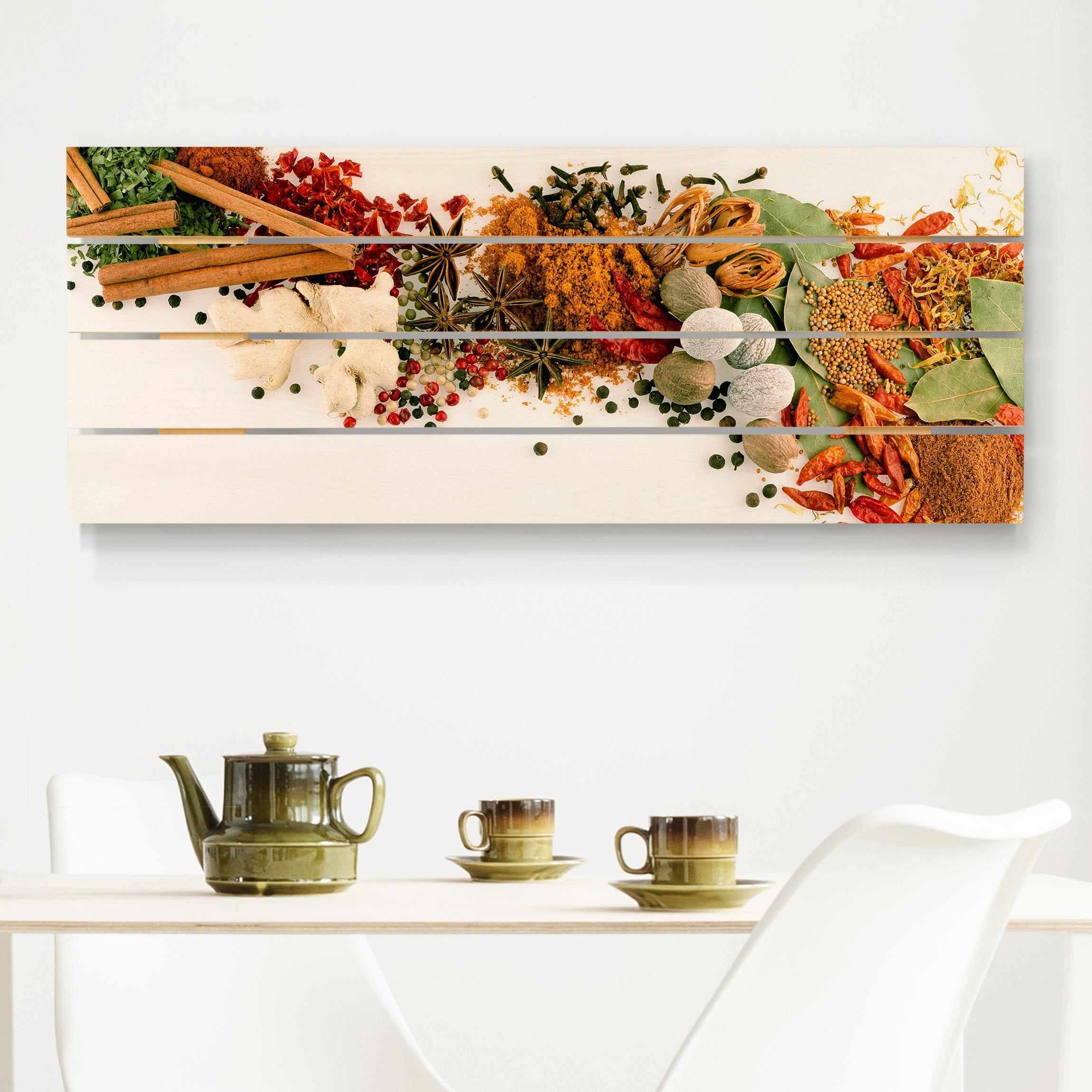 Holzbild Plankenoptik - Panorama Gewürze und getrocknete Kräuter