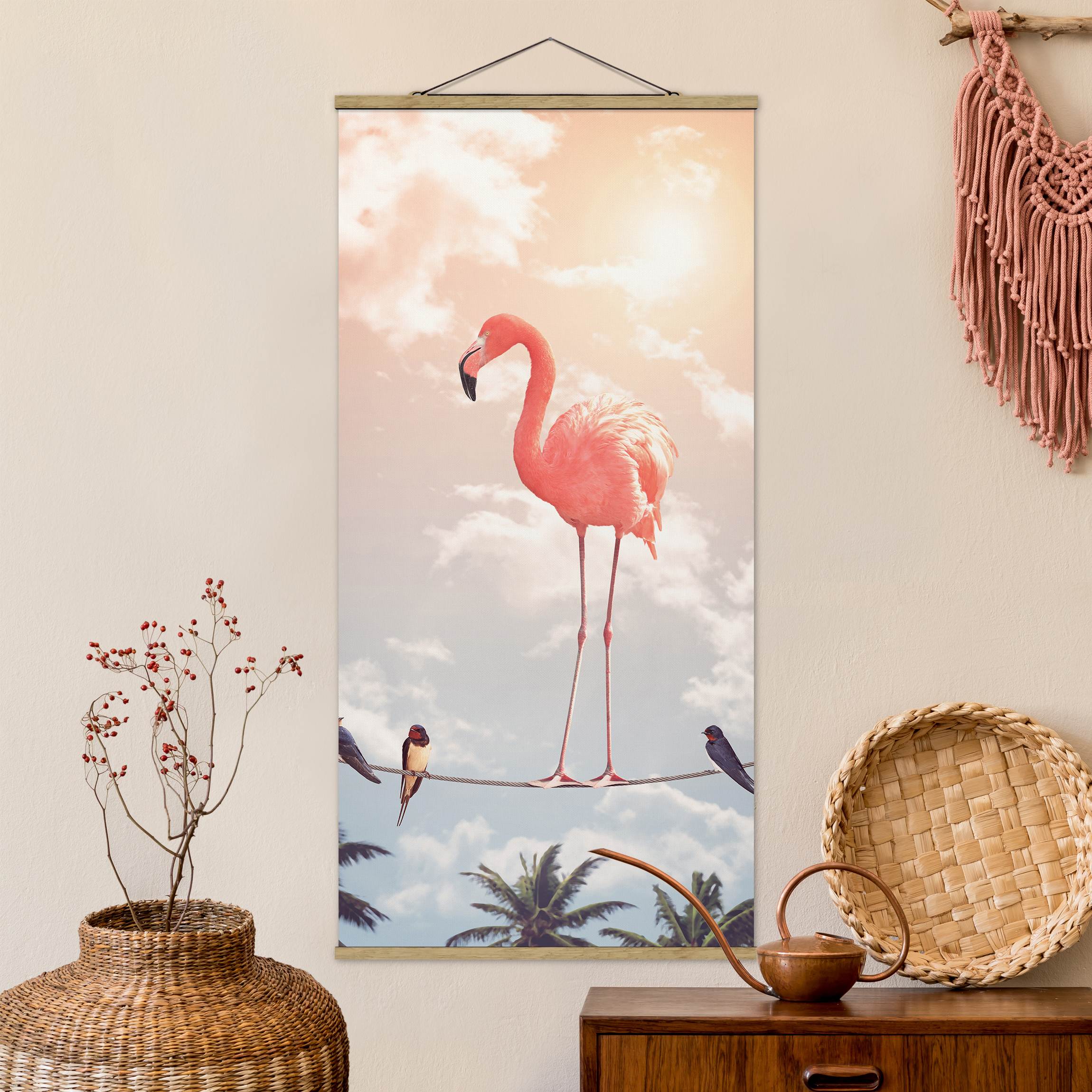 Stoffbild mit Posterleisten Himmel mit Flamingo