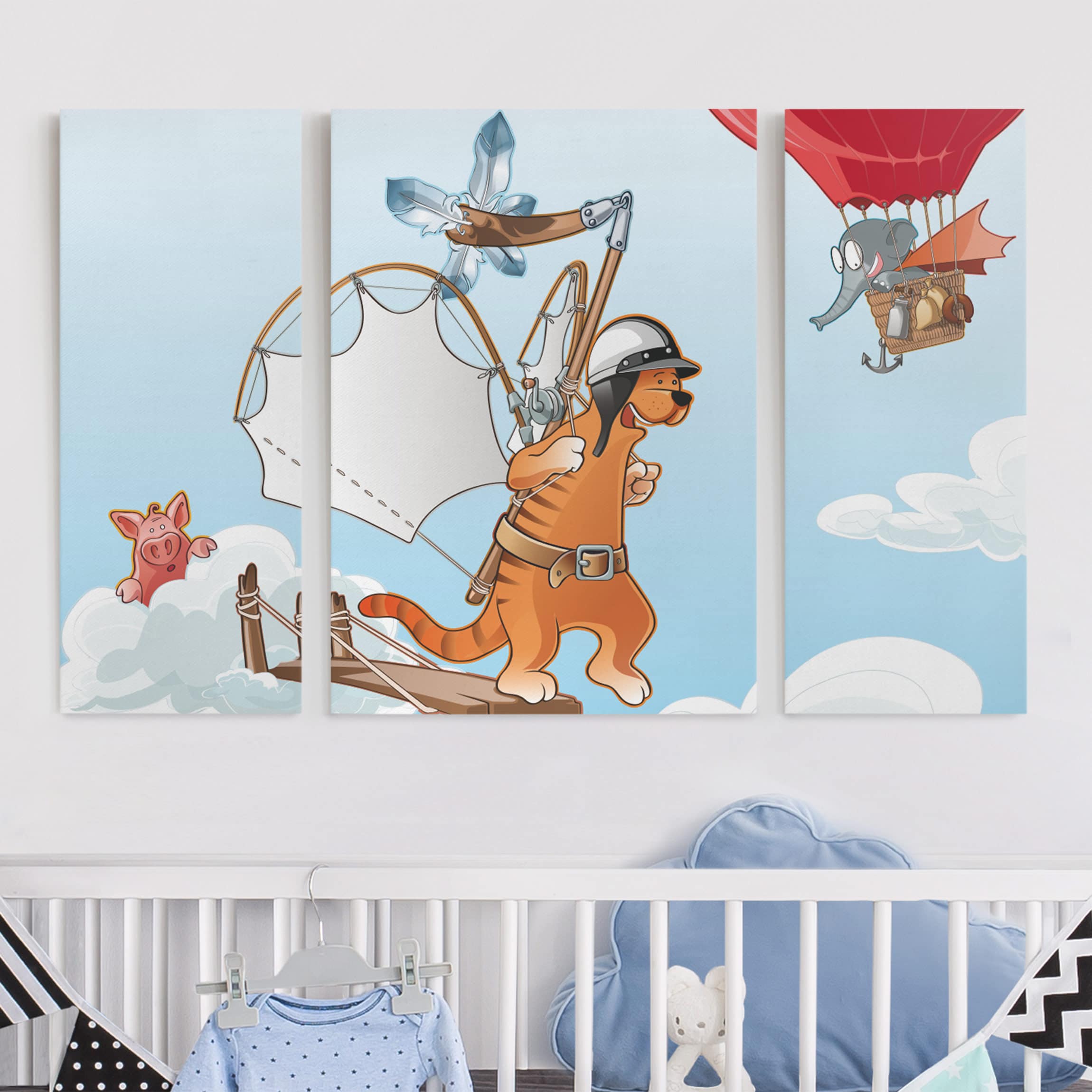 3-teiliges Leinwandbild - Querformat Fliegender Bauernhof Katze unterwegs