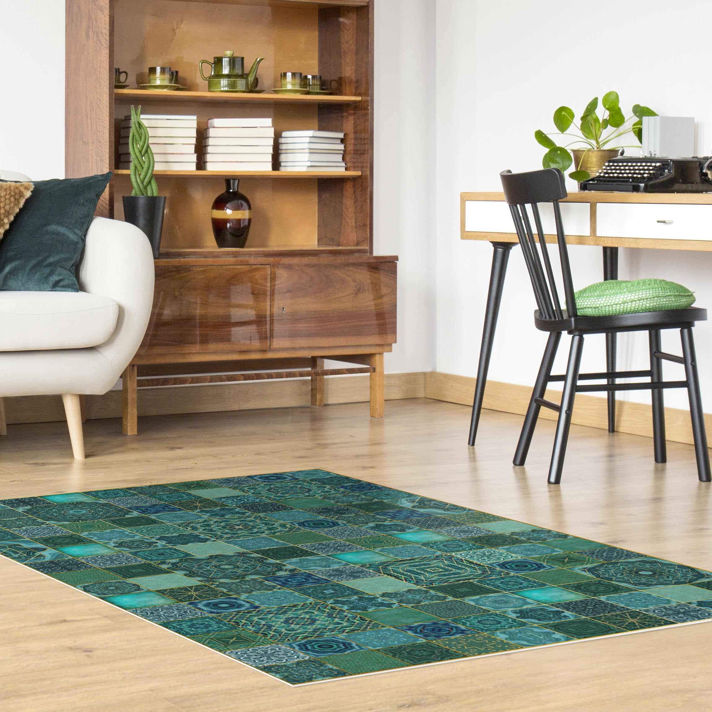 Vinylteppich Art Deco Fliesen Grüner Marmor mit Goldschimmer