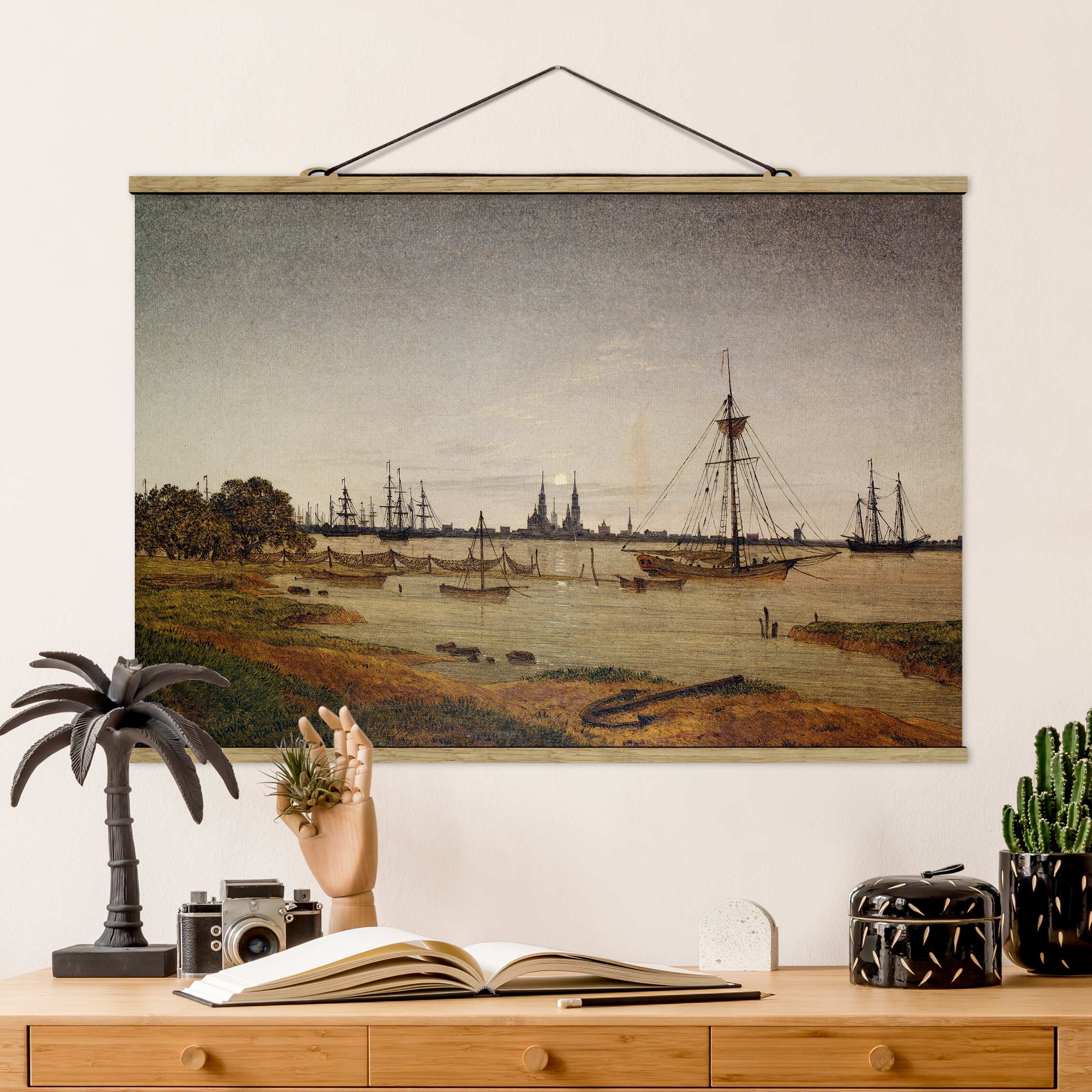 Stoffbild mit Posterleisten Caspar David Friedrich - Hafen bei Mondschein