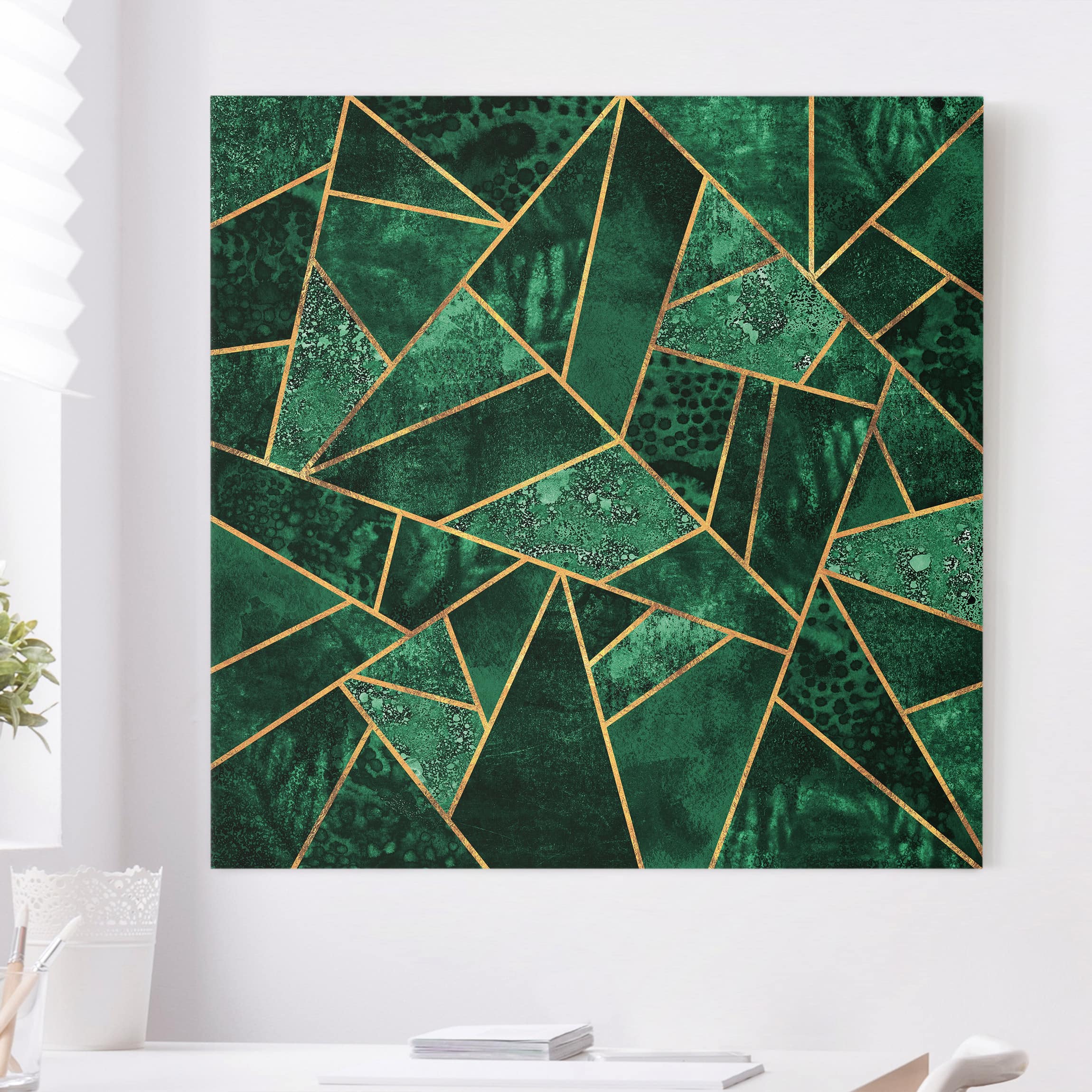 Leinwandbild - Quadrat Dunkler Smaragd mit Gold