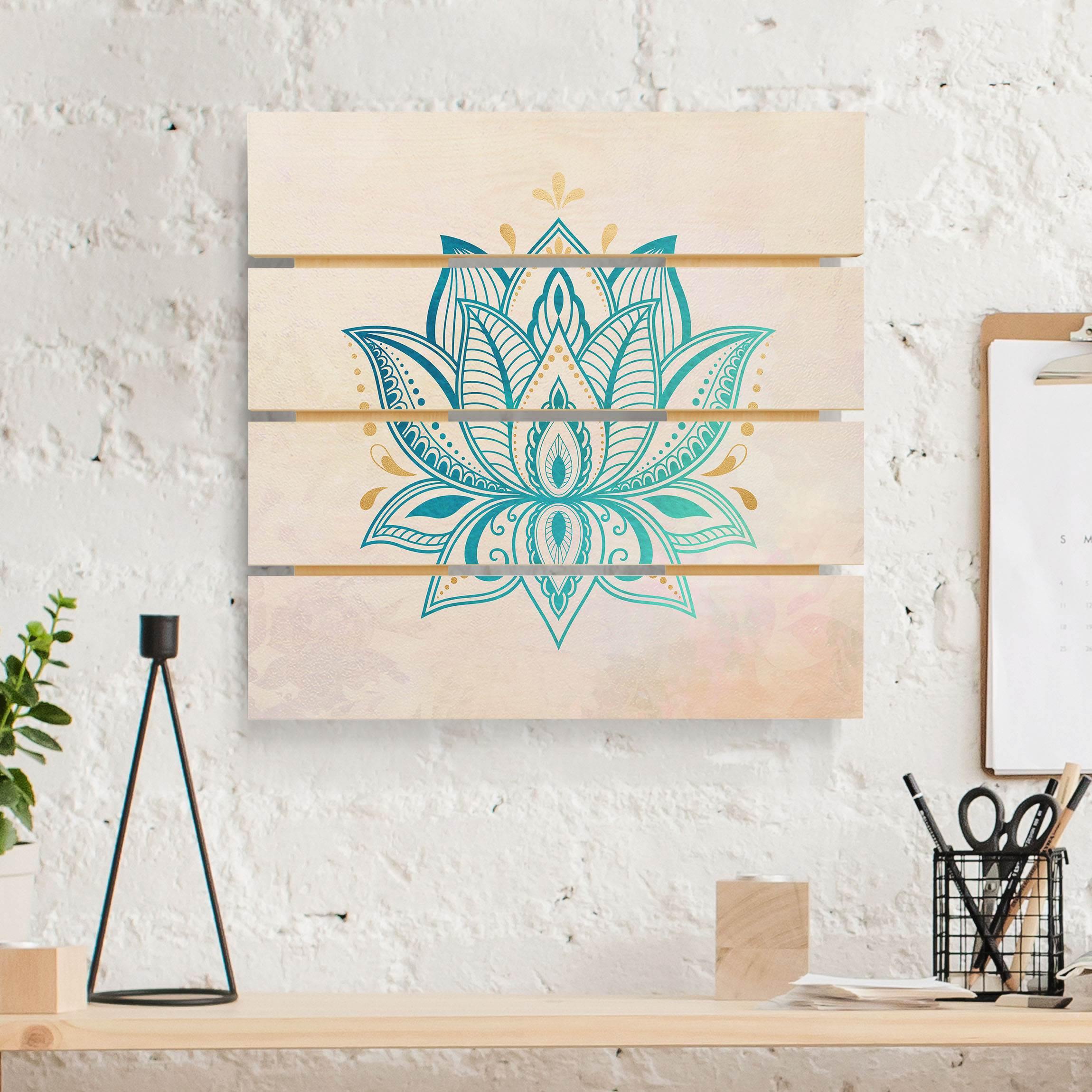 Holzbild Plankenoptik Lotus Illustration Mandala gold blau