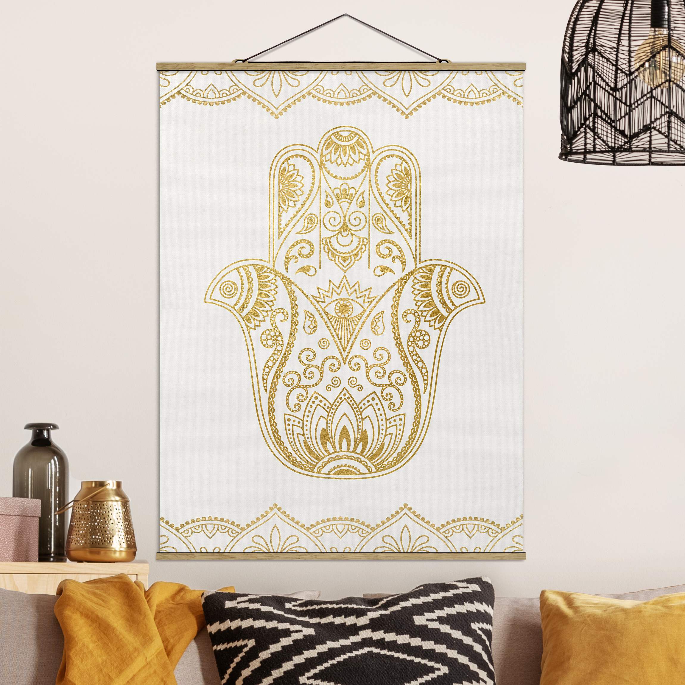 Stoffbild mit Posterleisten Hamsa Hand Illustration weiß gold