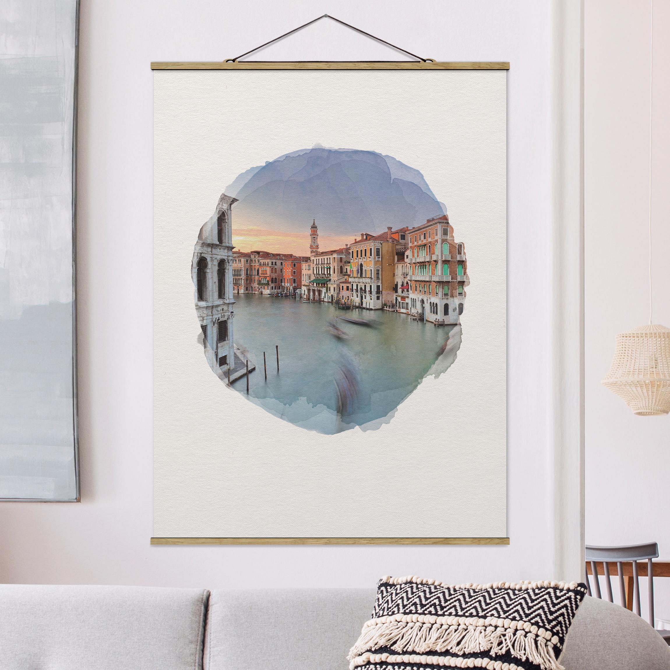 Stoffbild - Hochformat Wasserfarben - Canale Grande Blick von der Rialtobrücke Venedig