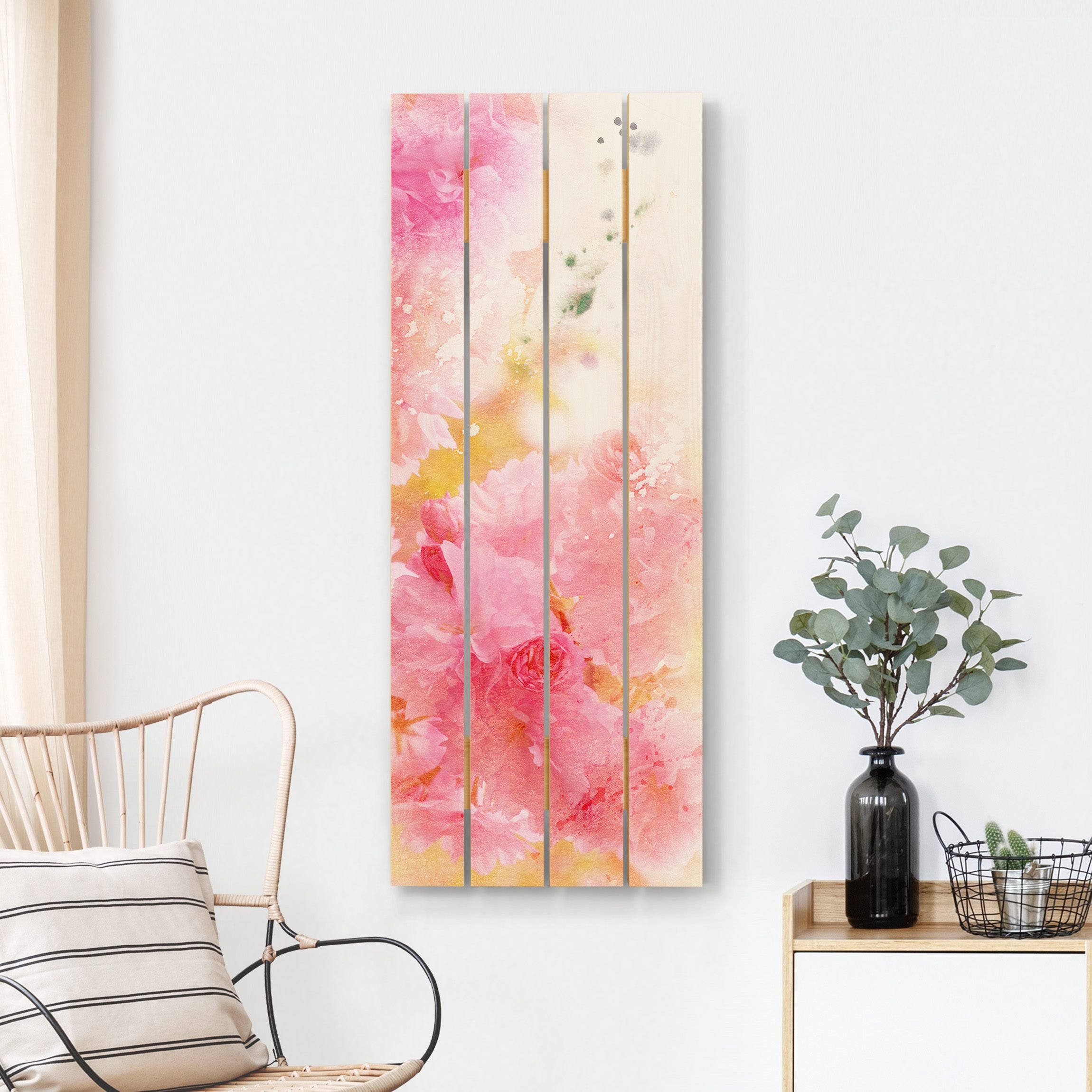 Holzbild Plankenoptik - Hochformat Aquarell Blumen Pfingstrosen