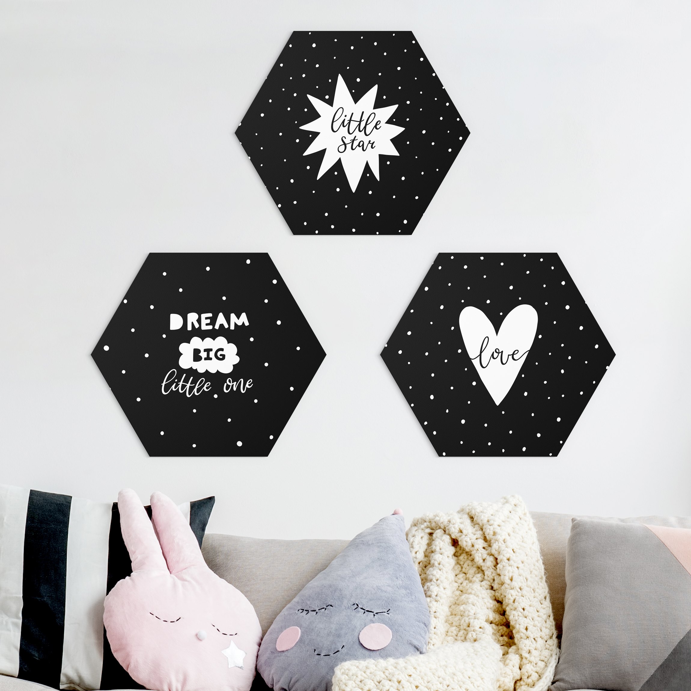 3-teiliges Hexagon-Alu-Dibond Bild Little Star Set Schwarz