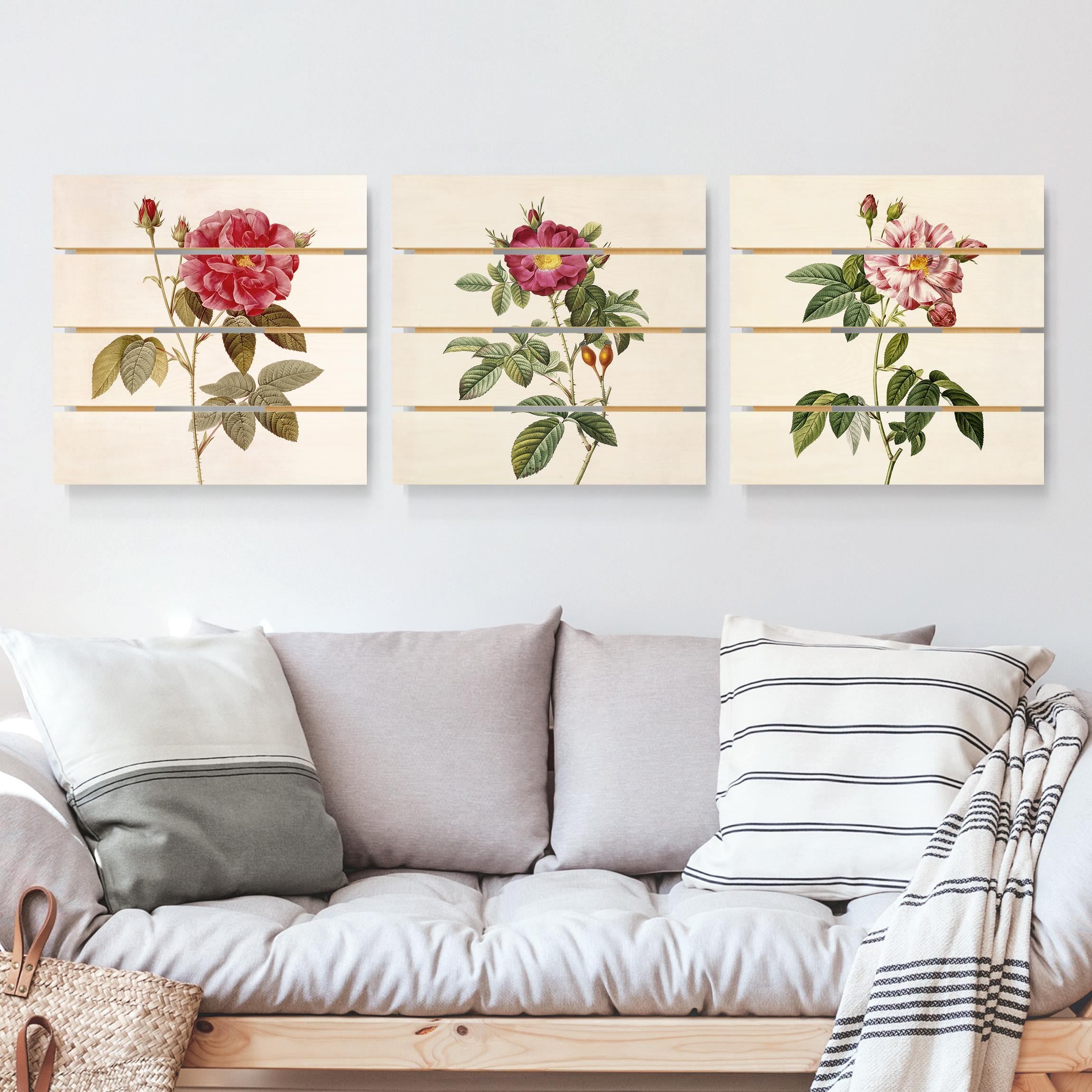 3-teiliges Holzbild Plankenoptik Pierre Joseph Redouté - Rosen