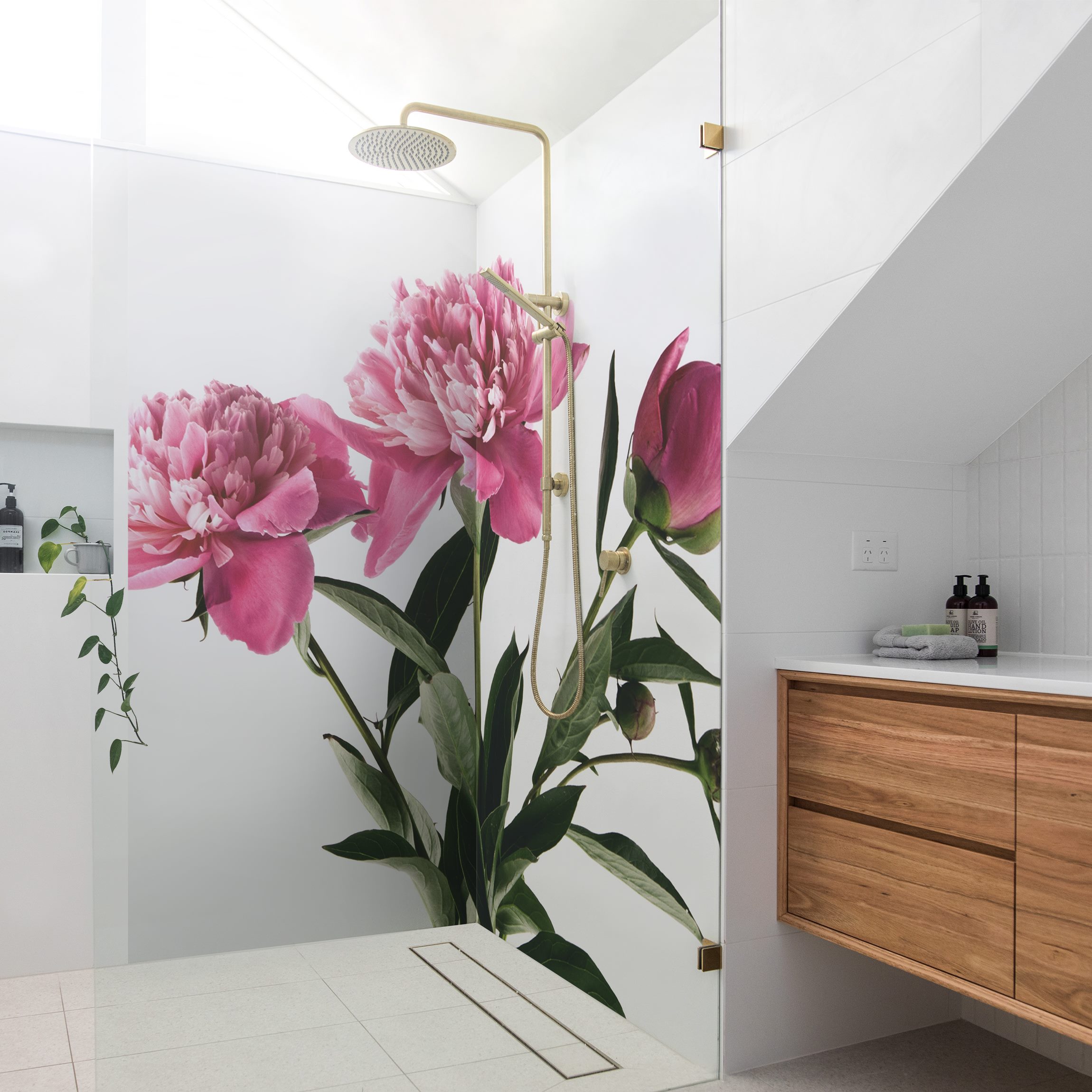 Duschrückwand Blüten und Knospen Pink auf Weiß