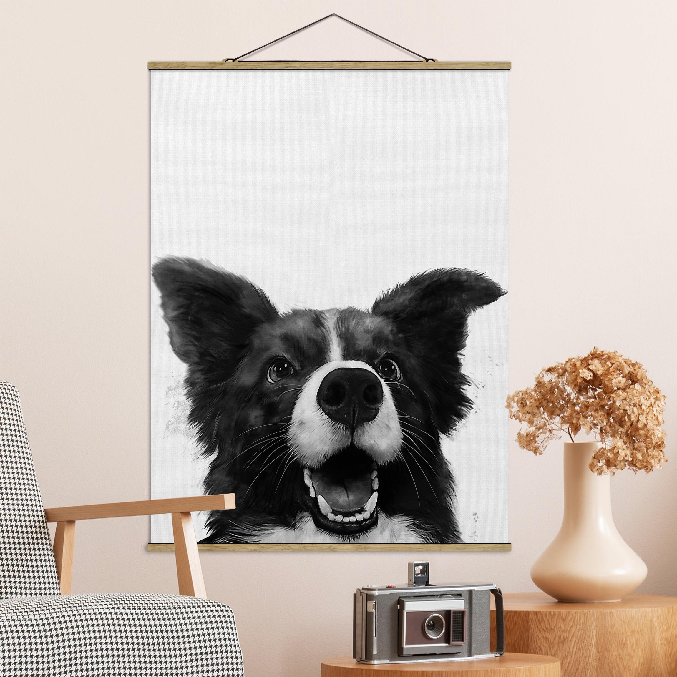 Stoffbild - Hochformat Illustration Hund Border Collie Schwarz Weiß Malerei