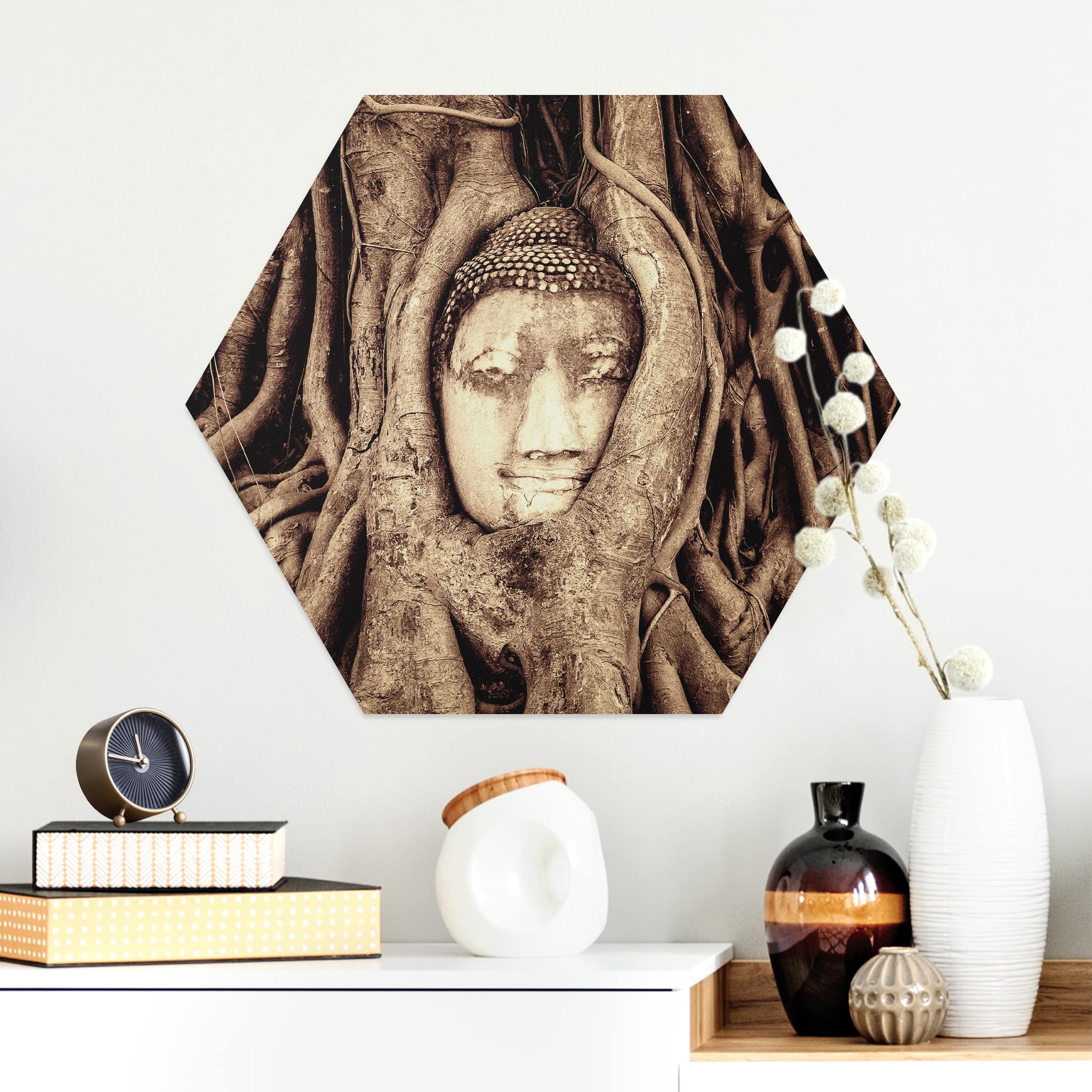 Hexagon-Alu-Dibond Bild Buddha in Ayutthaya von Baumwurzeln gesäumt in Braun