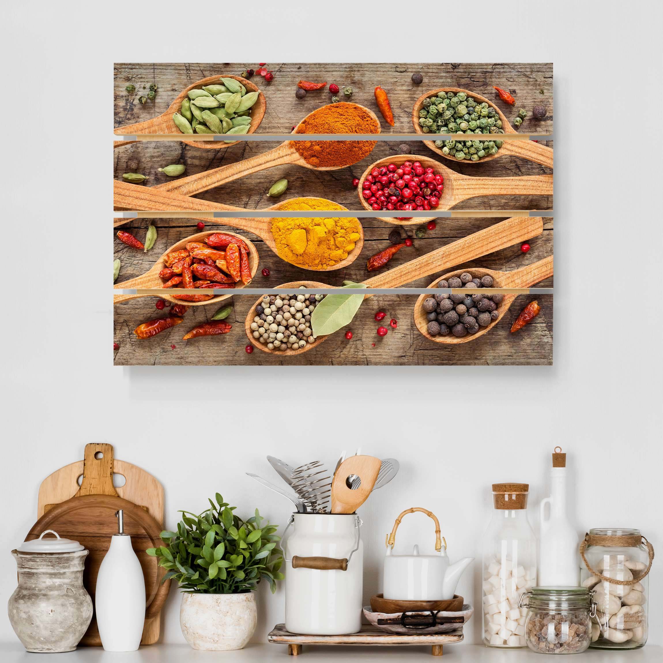 Holzbild Plankenoptik - Querformat Gewürze auf Holzlöffel