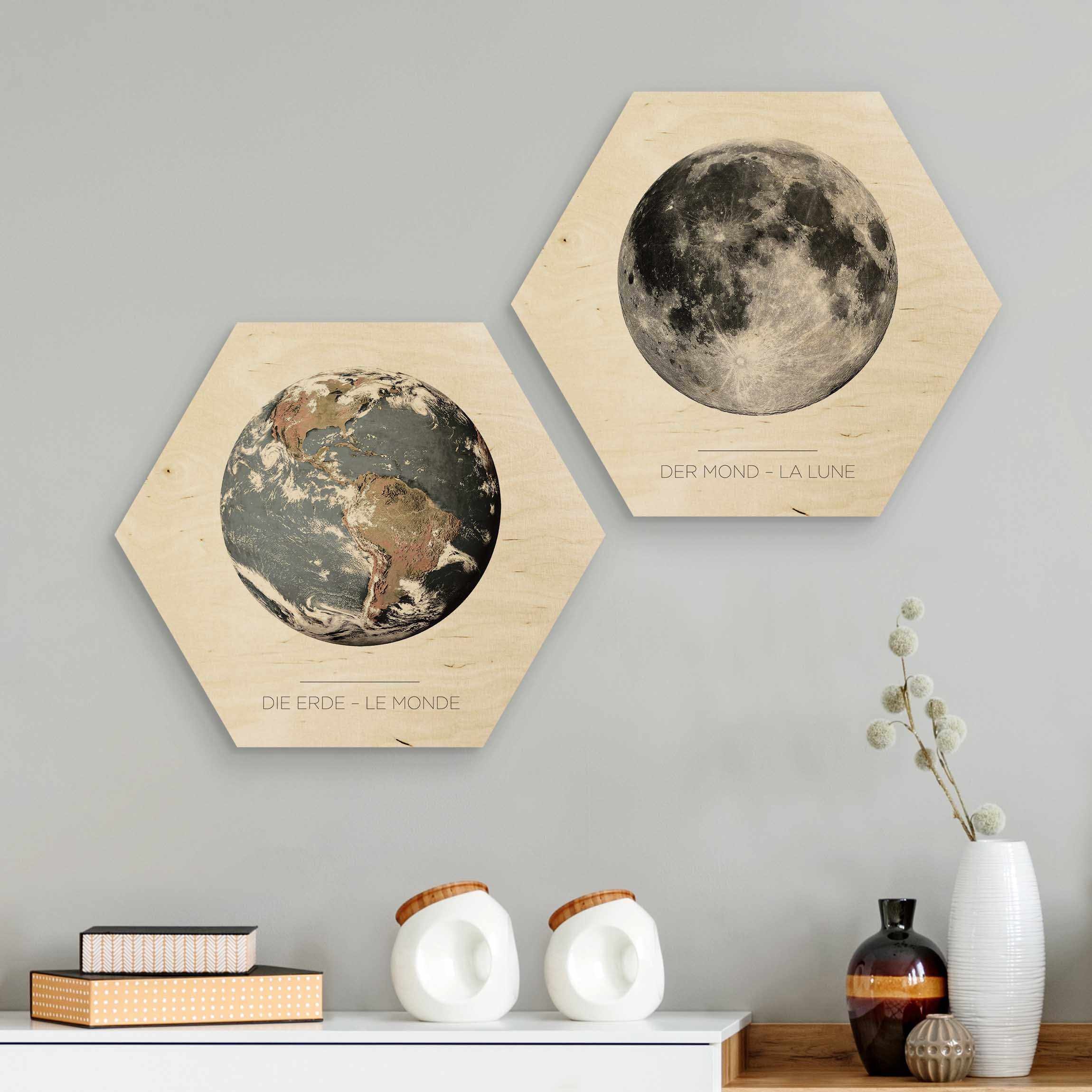 2-teiliges Hexagon-Holzbild Mond und Erde