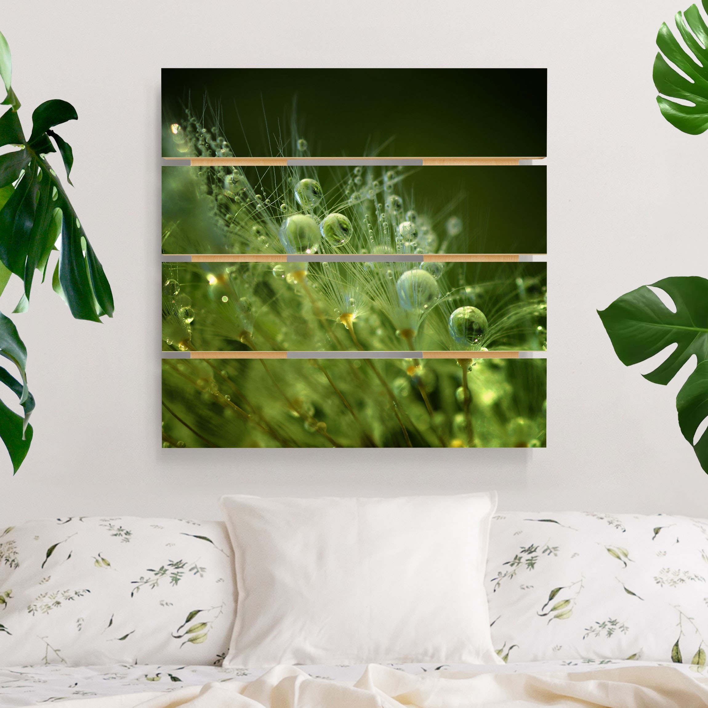 Holzbild Plankenoptik - Quadrat Grüne Samen im Regen