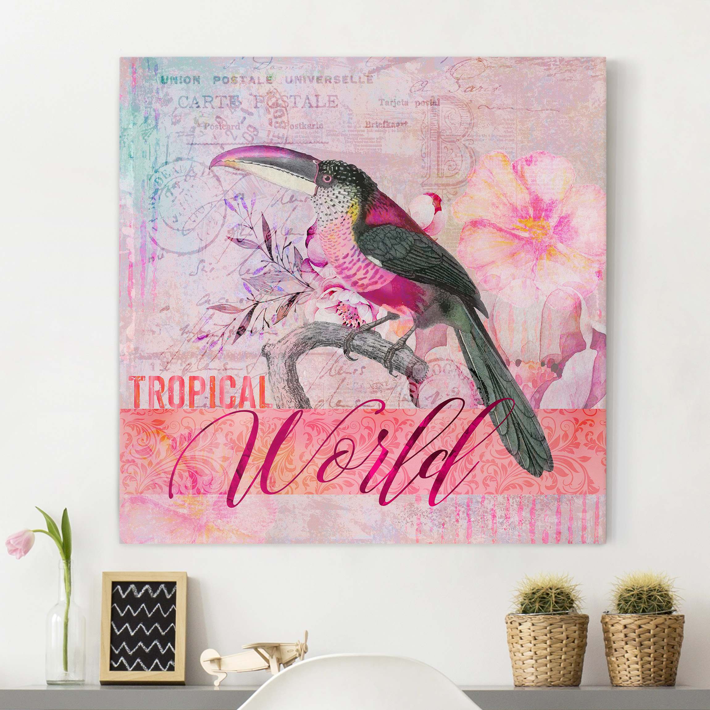 Leinwandbild Vintage Collage - Tropical World Tucan