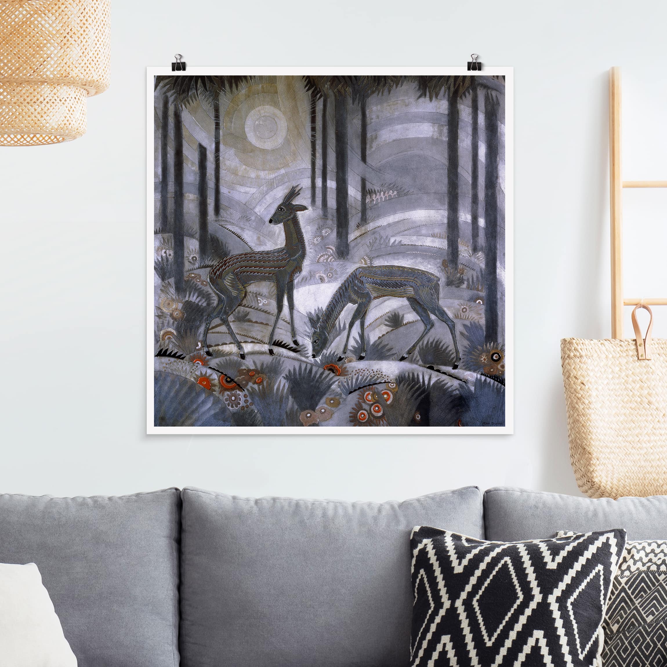 Poster - Quadrat Jean Dunand - Zwei Rehe im Wald