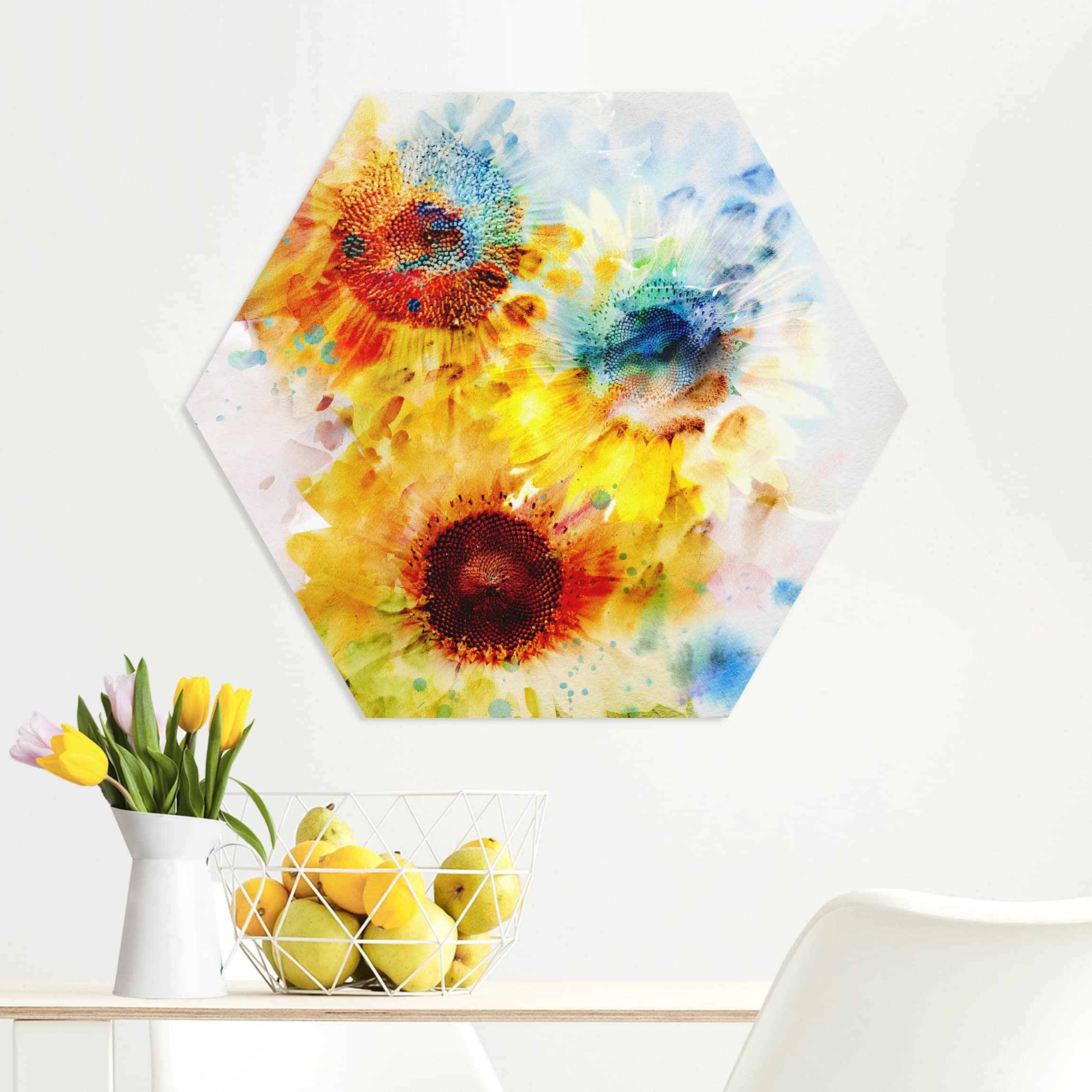 Hexagon-Forexbild Aquarell Blumen Sonnenblumen