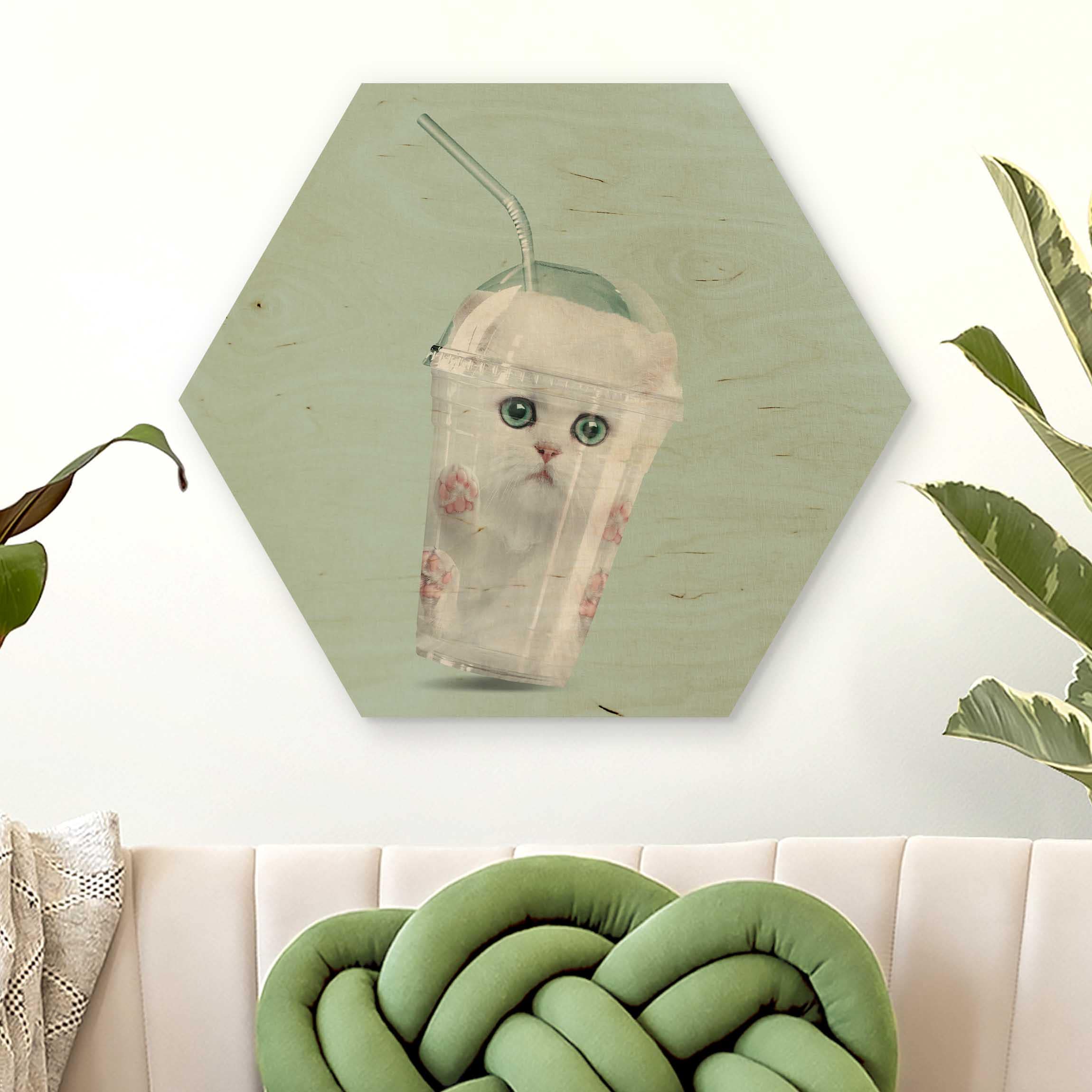 Hexagon-Holzbild Shake mit Katze