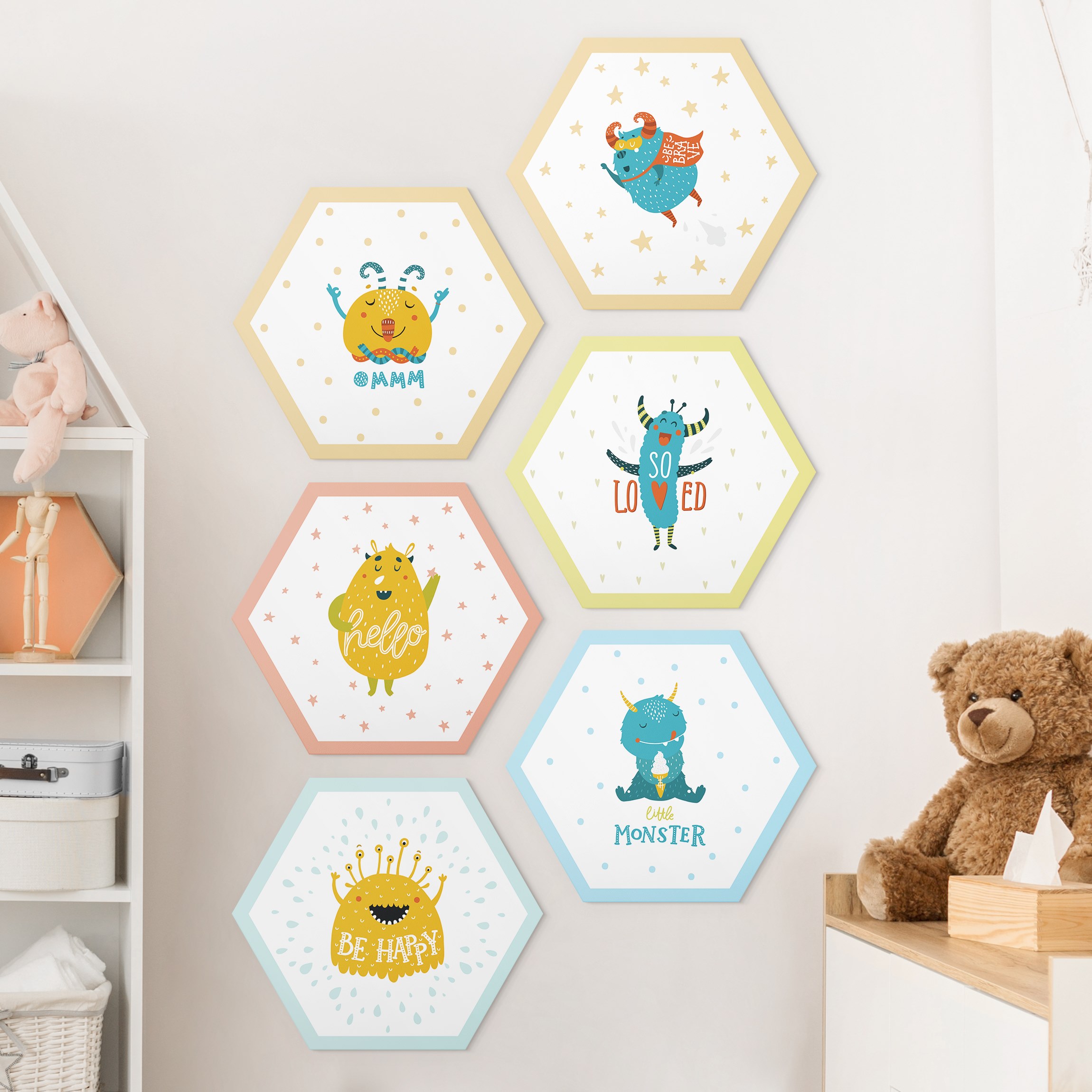 6-teiliges Hexagon-Alu-Dibond Bild Süße Monster Set II