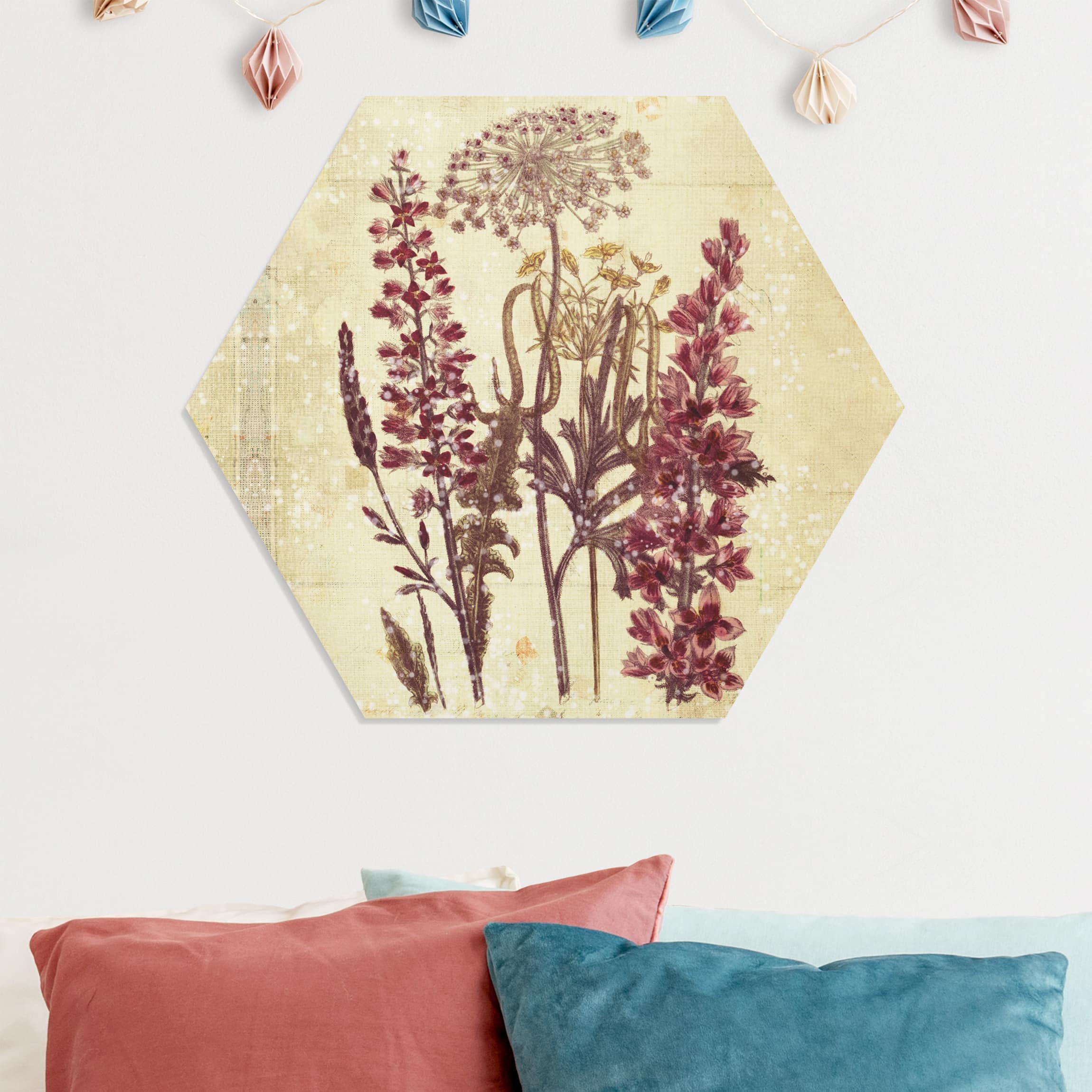 Hexagon-Forexbild Vintage Leinenoptik Blumen