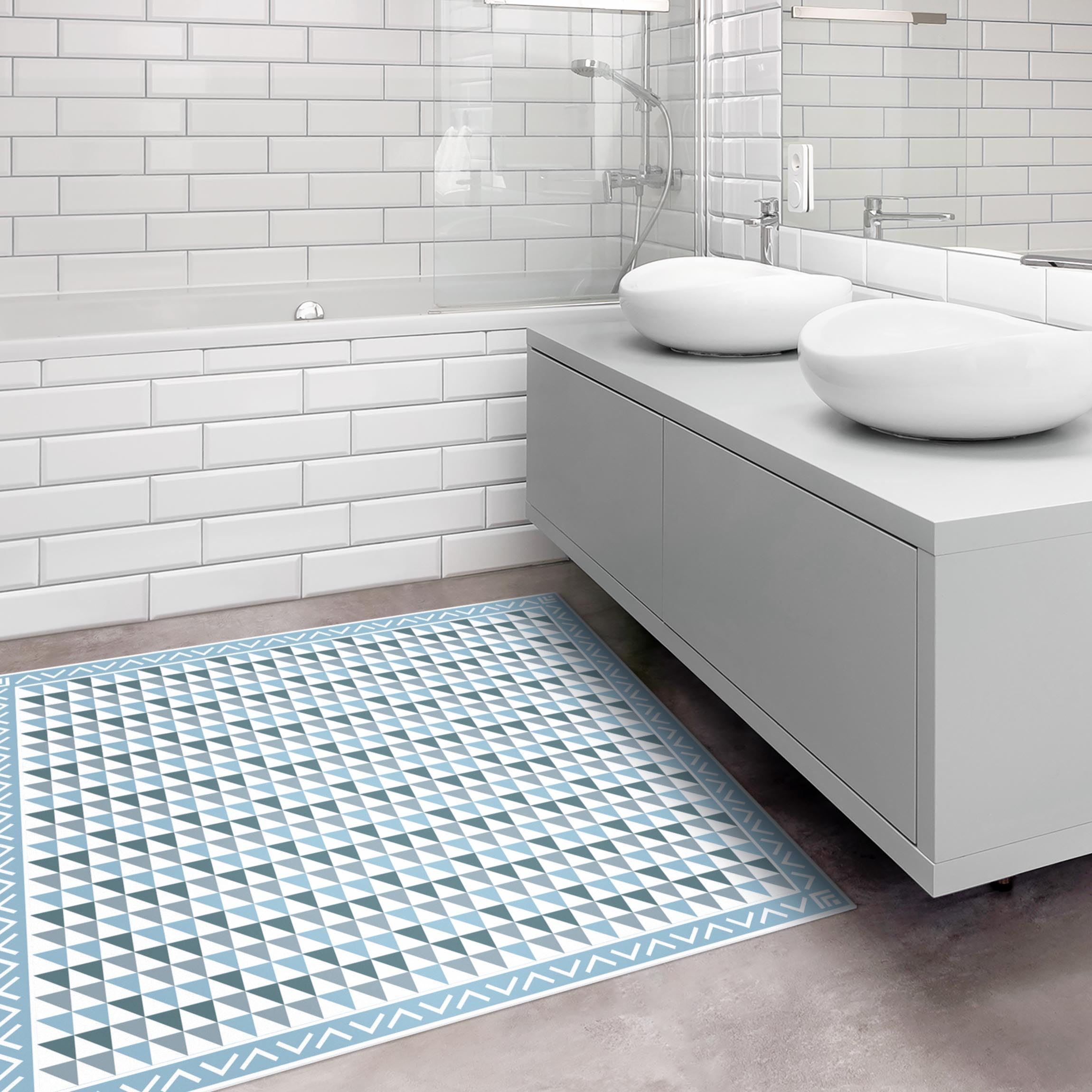 Vinylteppich Geometrische Fliesen kleine Dreiecke Taubenblau mit Bordüre