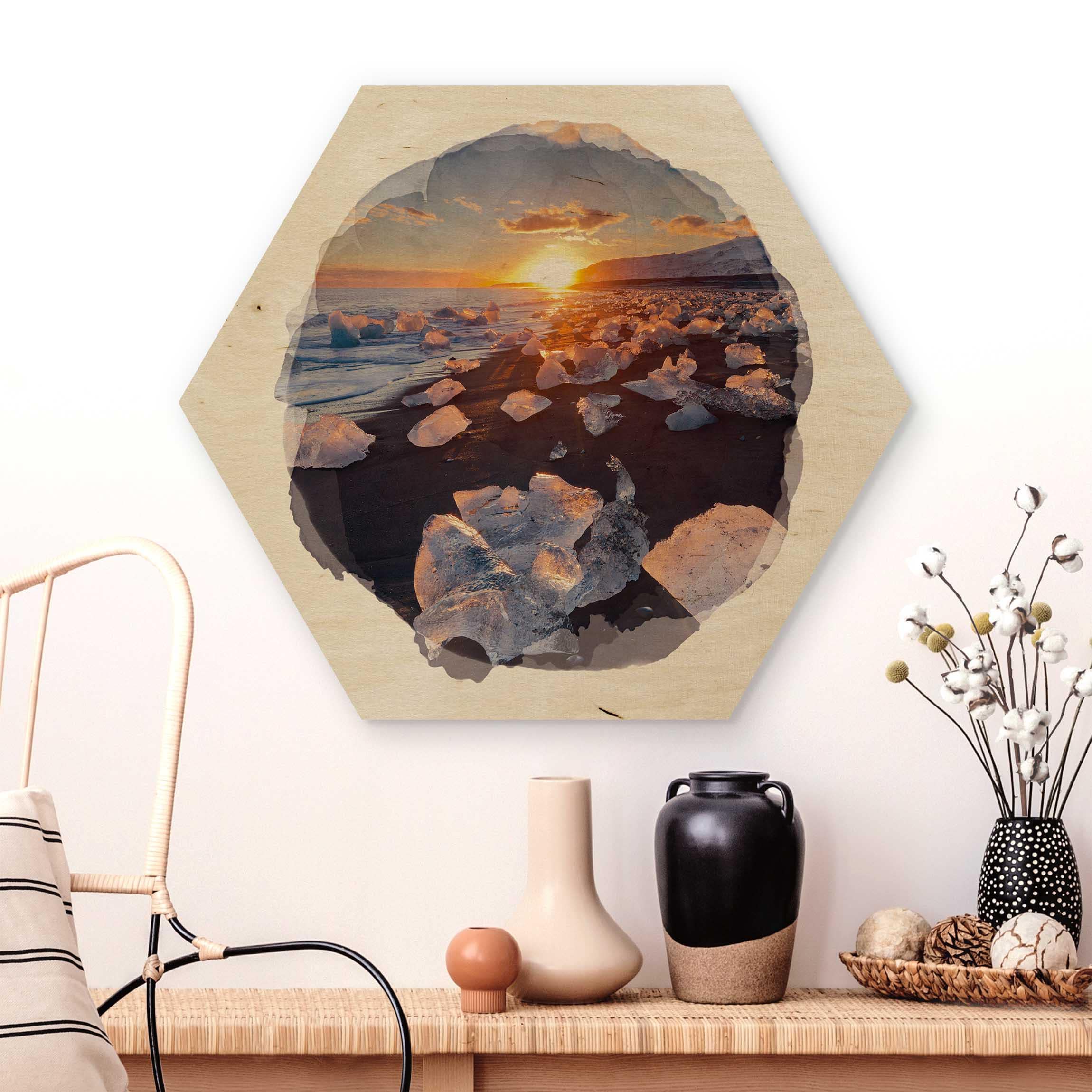 Hexagon-Holzbild Wasserfarben - Eisbrocken am Strand Island