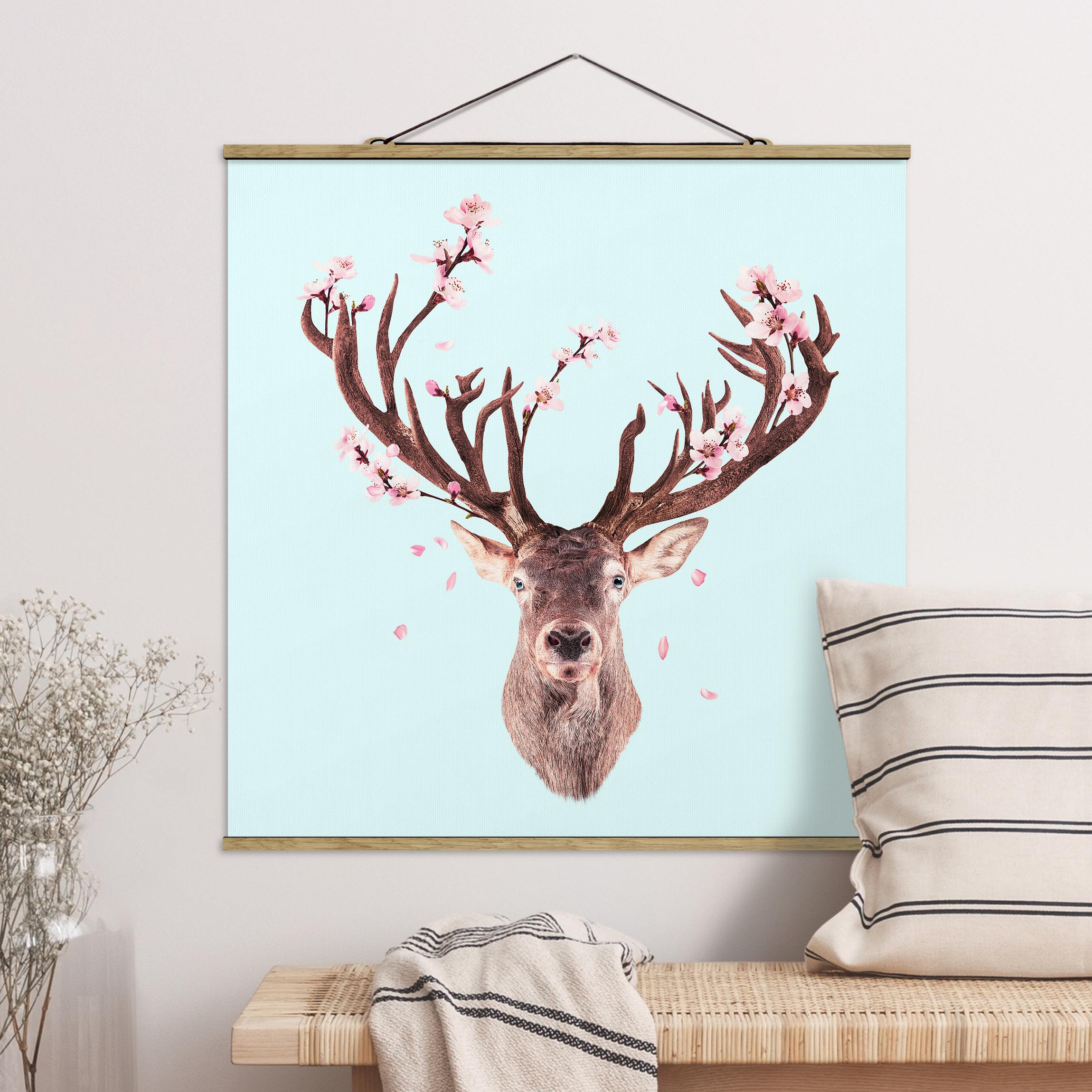 Stoffbild mit Posterleisten Hirsch mit Kirschblüten