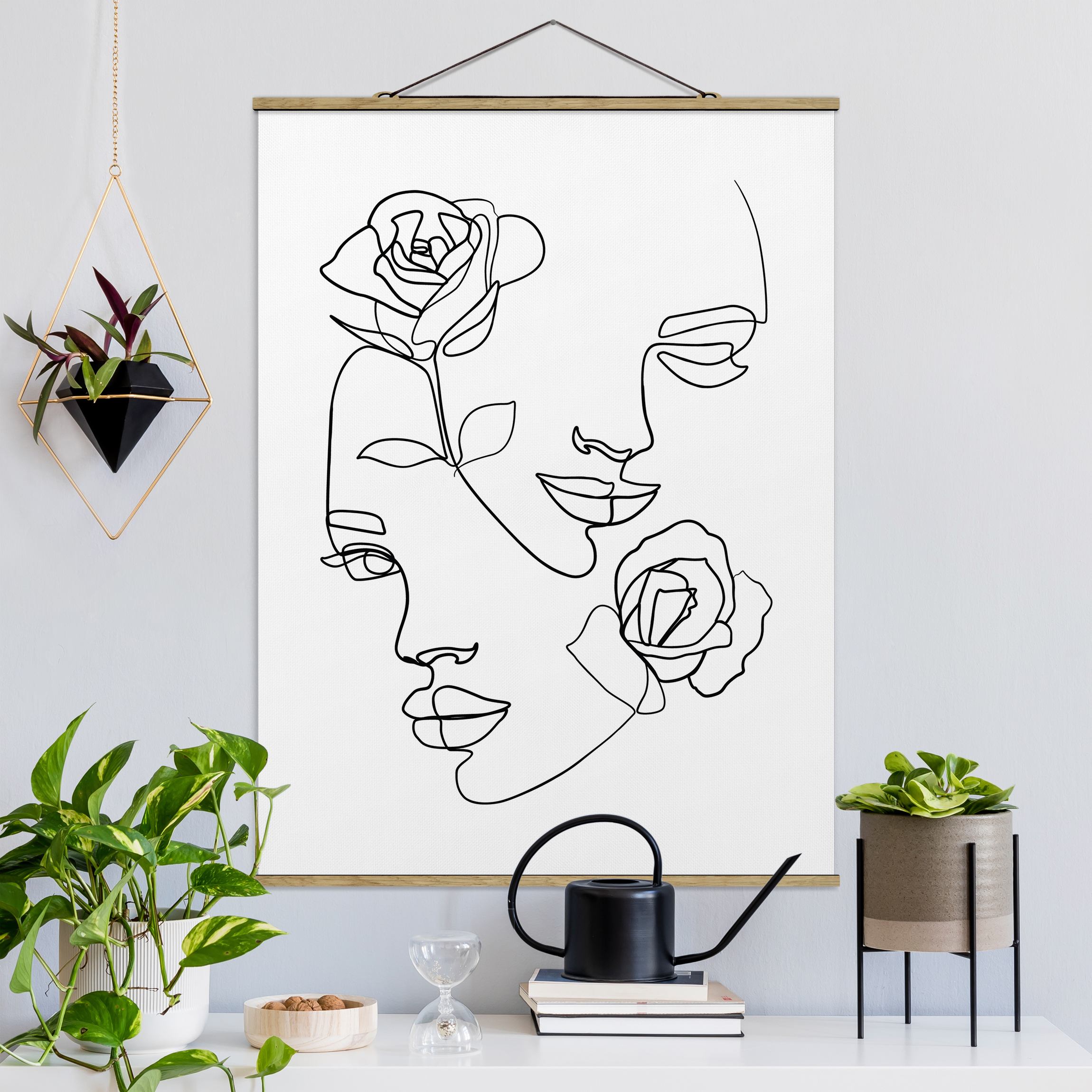 Stoffbild - Hochformat Line Art Gesichter Frauen Rosen Schwarz Weiß