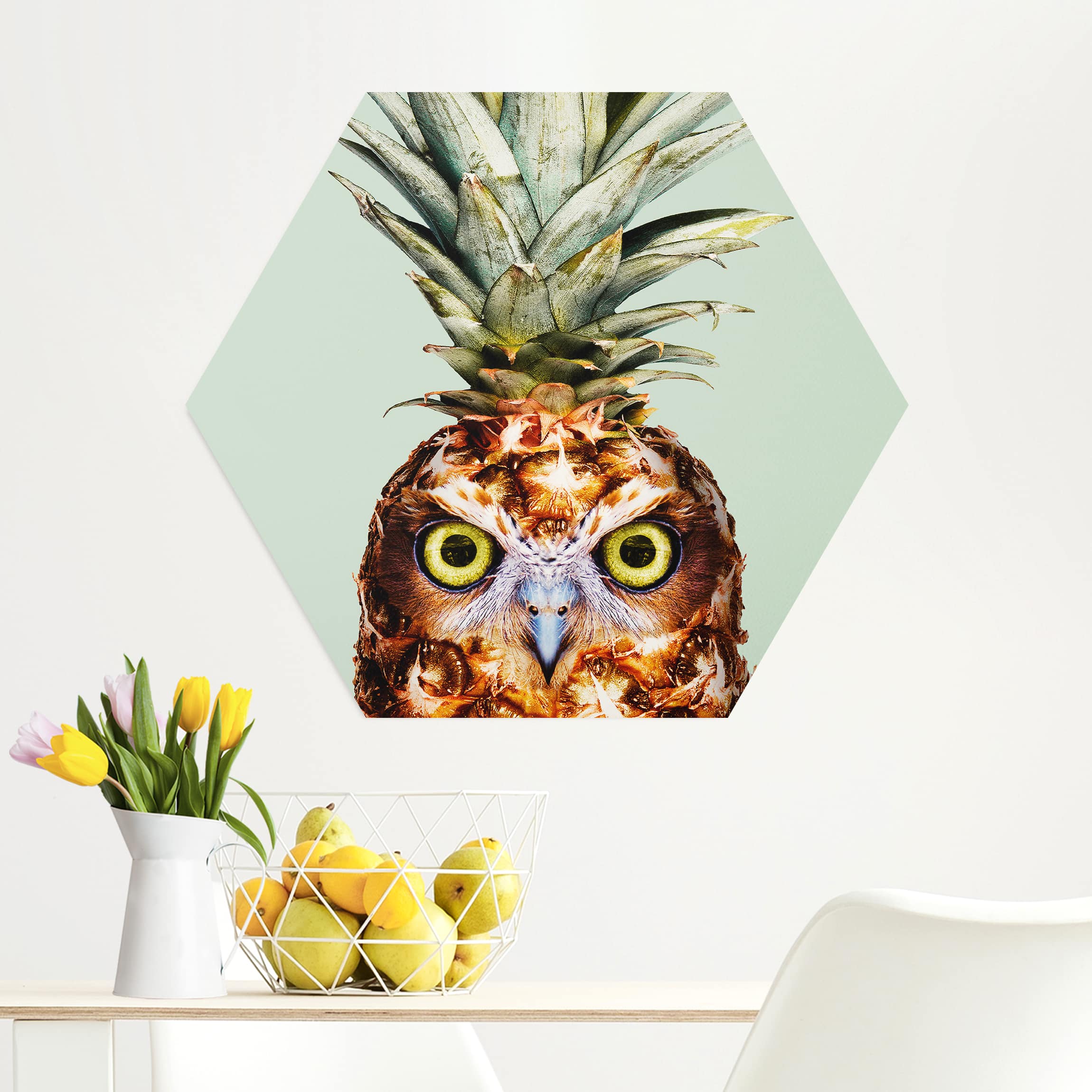 Hexagon-Alu-Dibond Bild Ananas mit Eule