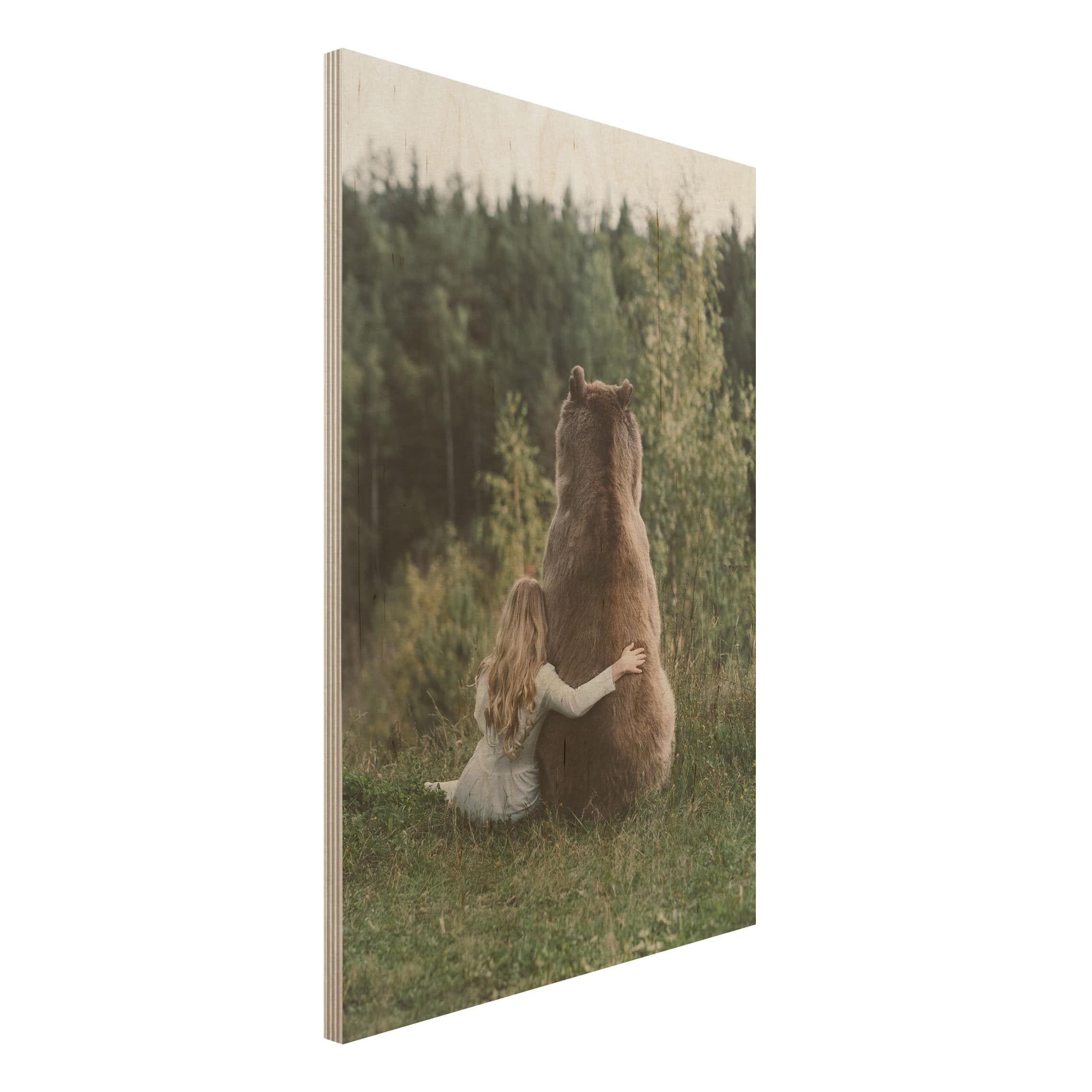 Holzbild - Hochformat 2:3 Mädchen mit Braunbär