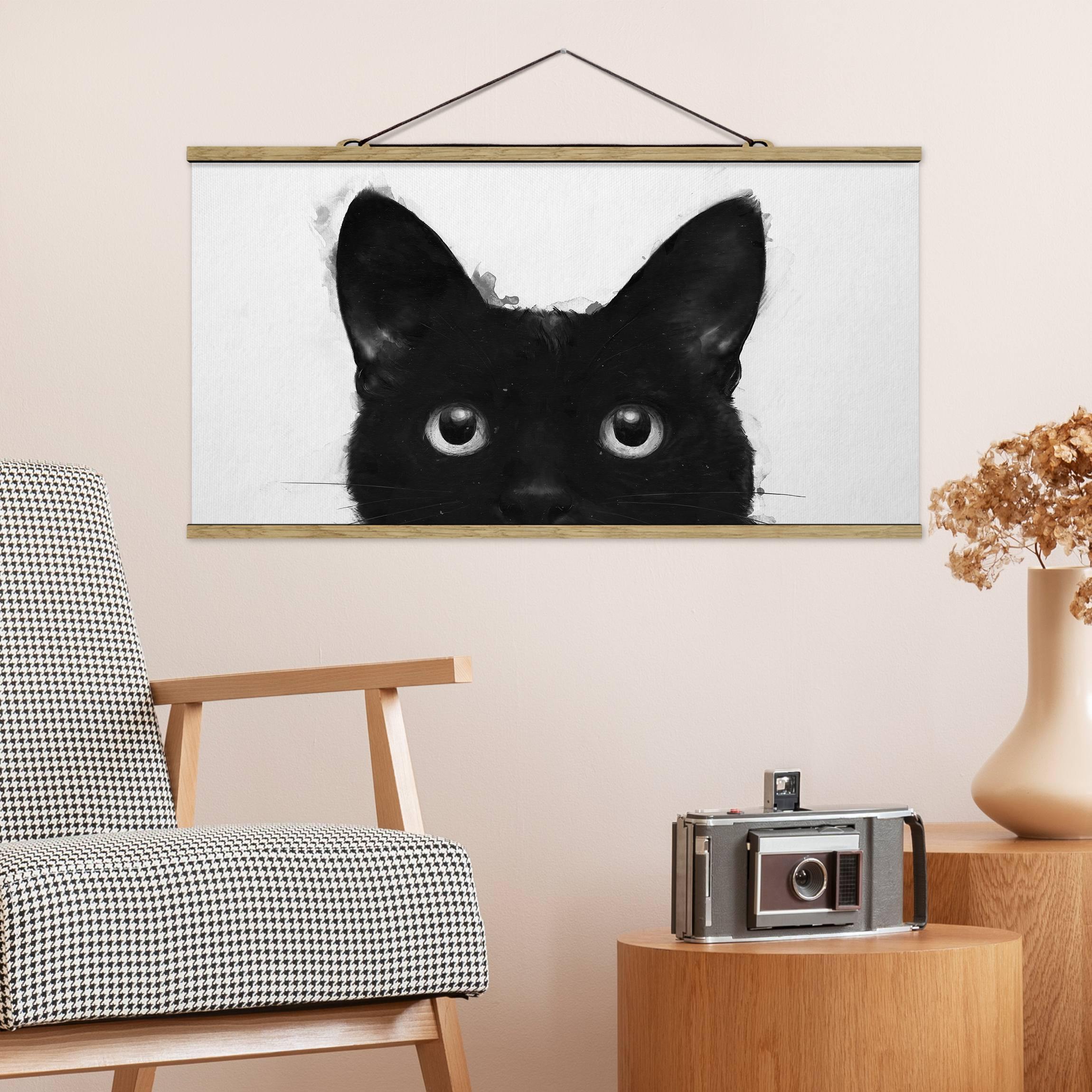 Stoffbild - Querformat Illustration Schwarze Katze auf Weiß Malerei