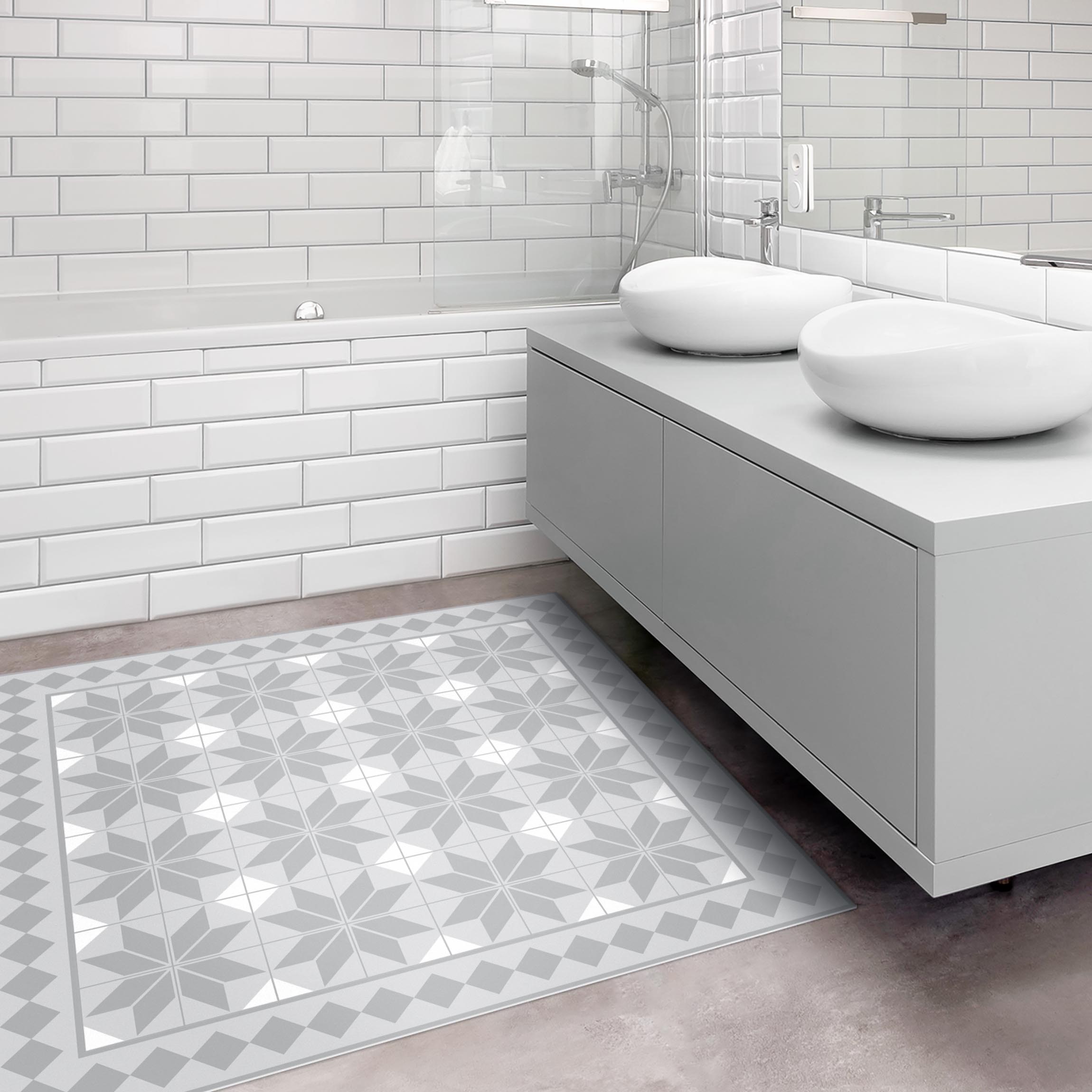 Vinylteppich Geometrische Fliesen Sternblume Grau mit Bordüre