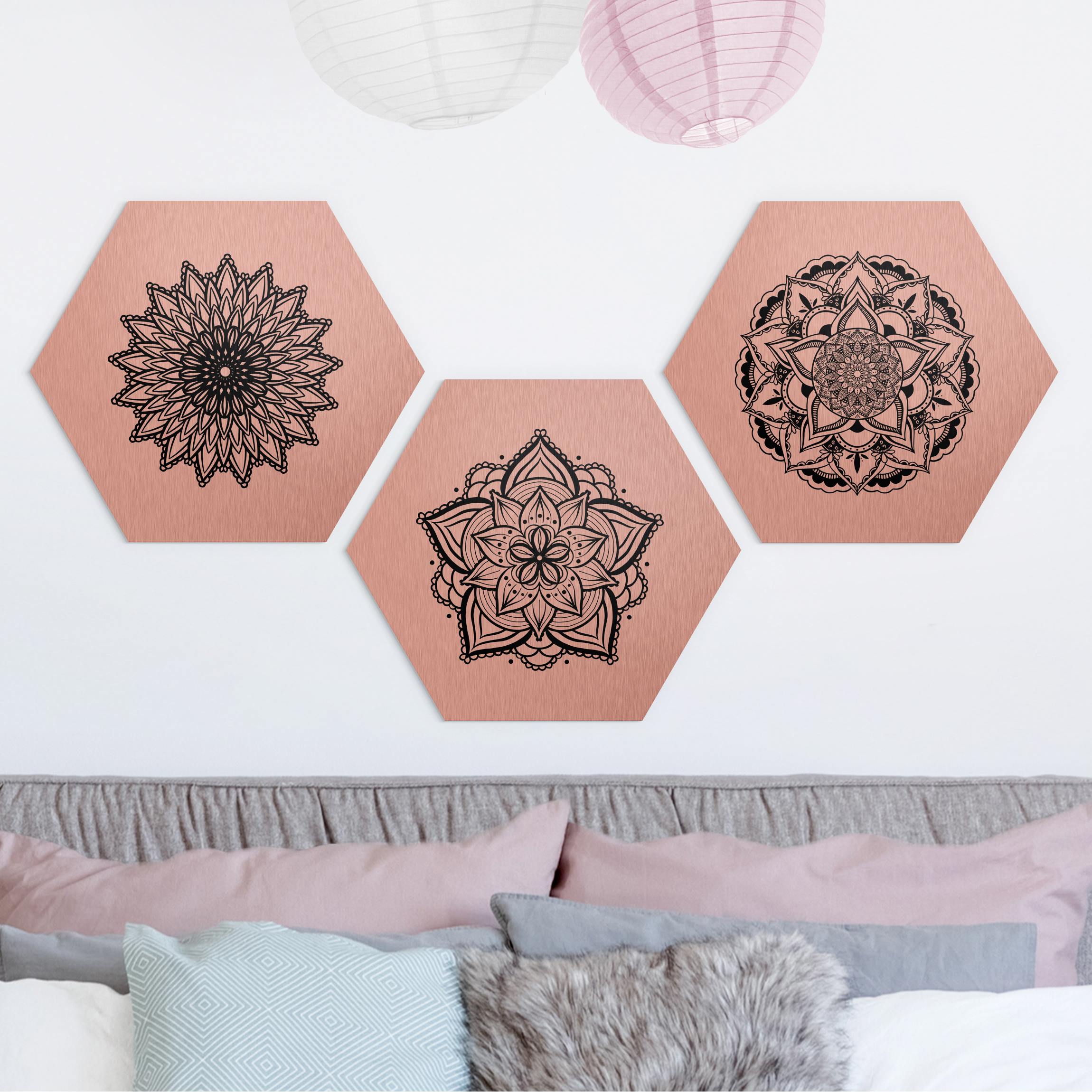 3-teiliges Hexagon-Alu-Dibond Bild Mandala Blüte Sonne Illustration Set Schwarz Weiß