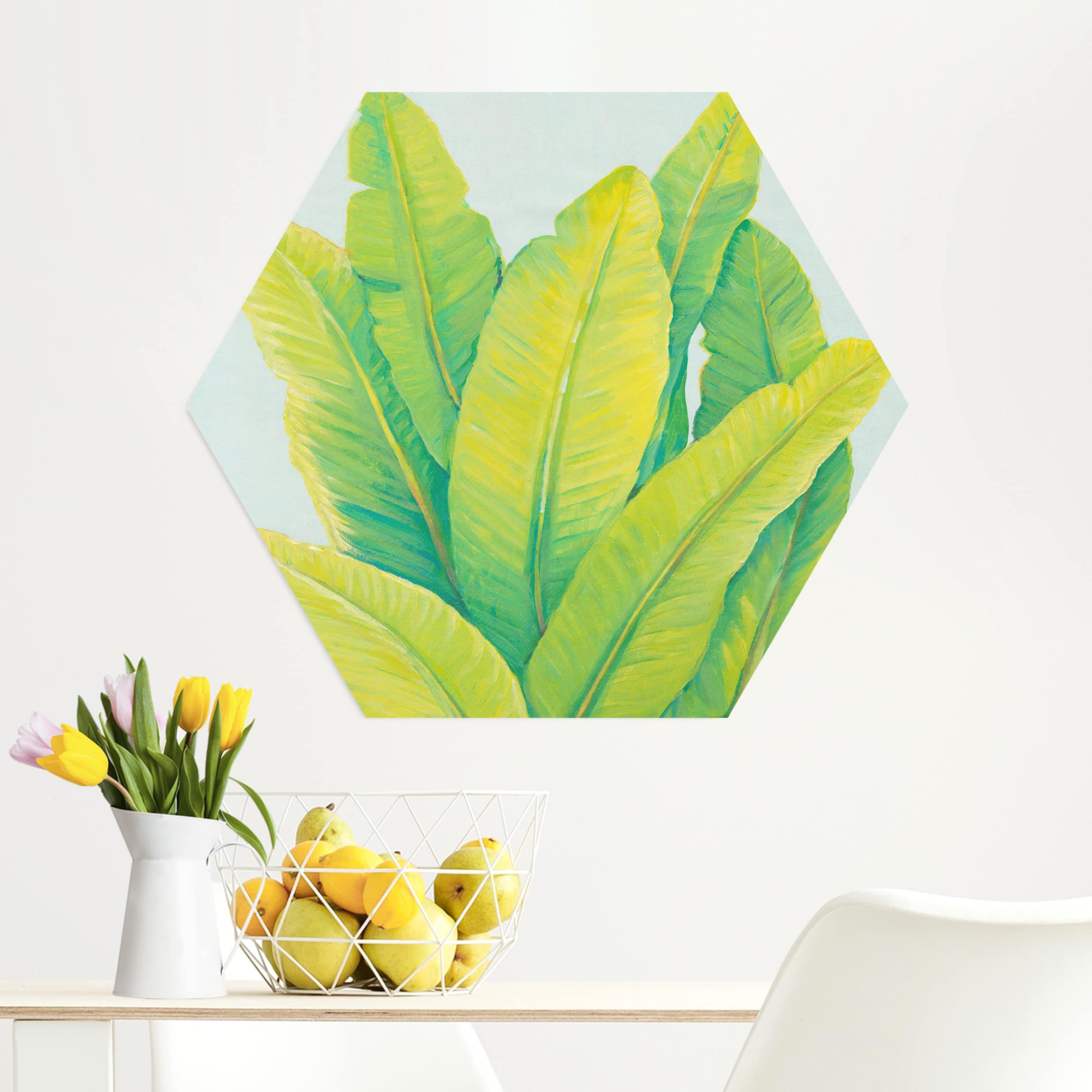 Hexagon-Alu-Dibond Bild Gelbgrüne Bananenblätter