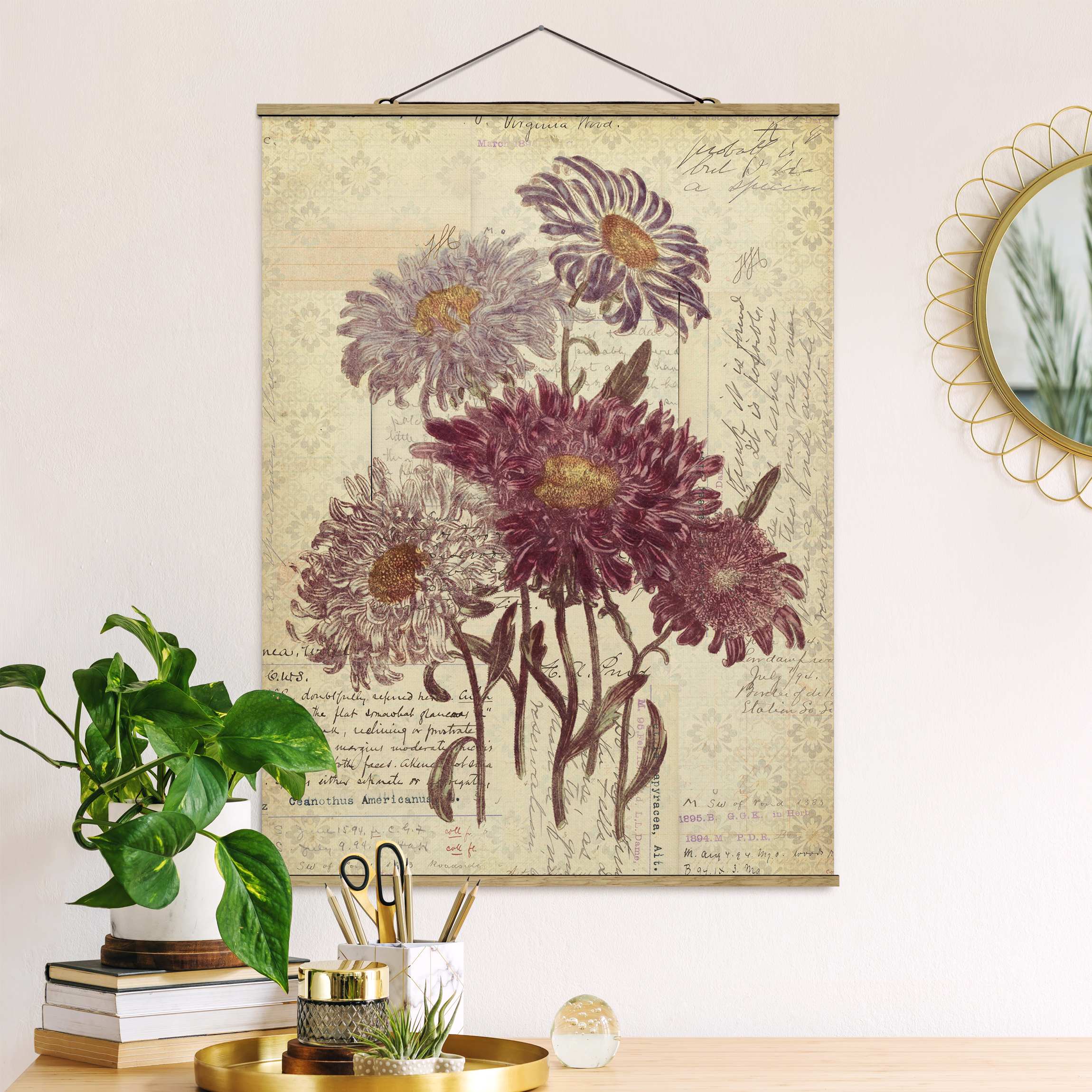 Stoffbild - Hochformat Vintage Blumen mit Handschrift