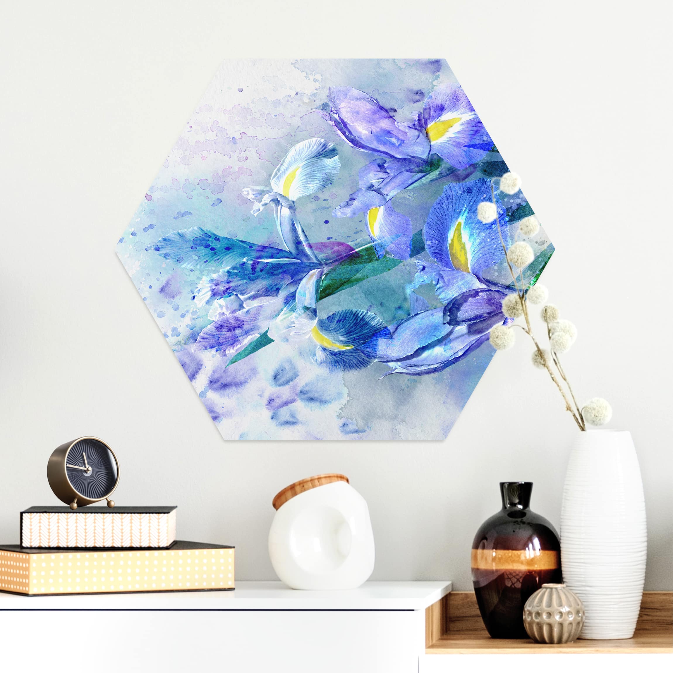 Hexagon-Alu-Dibond Bild Aquarell Blumen Iris