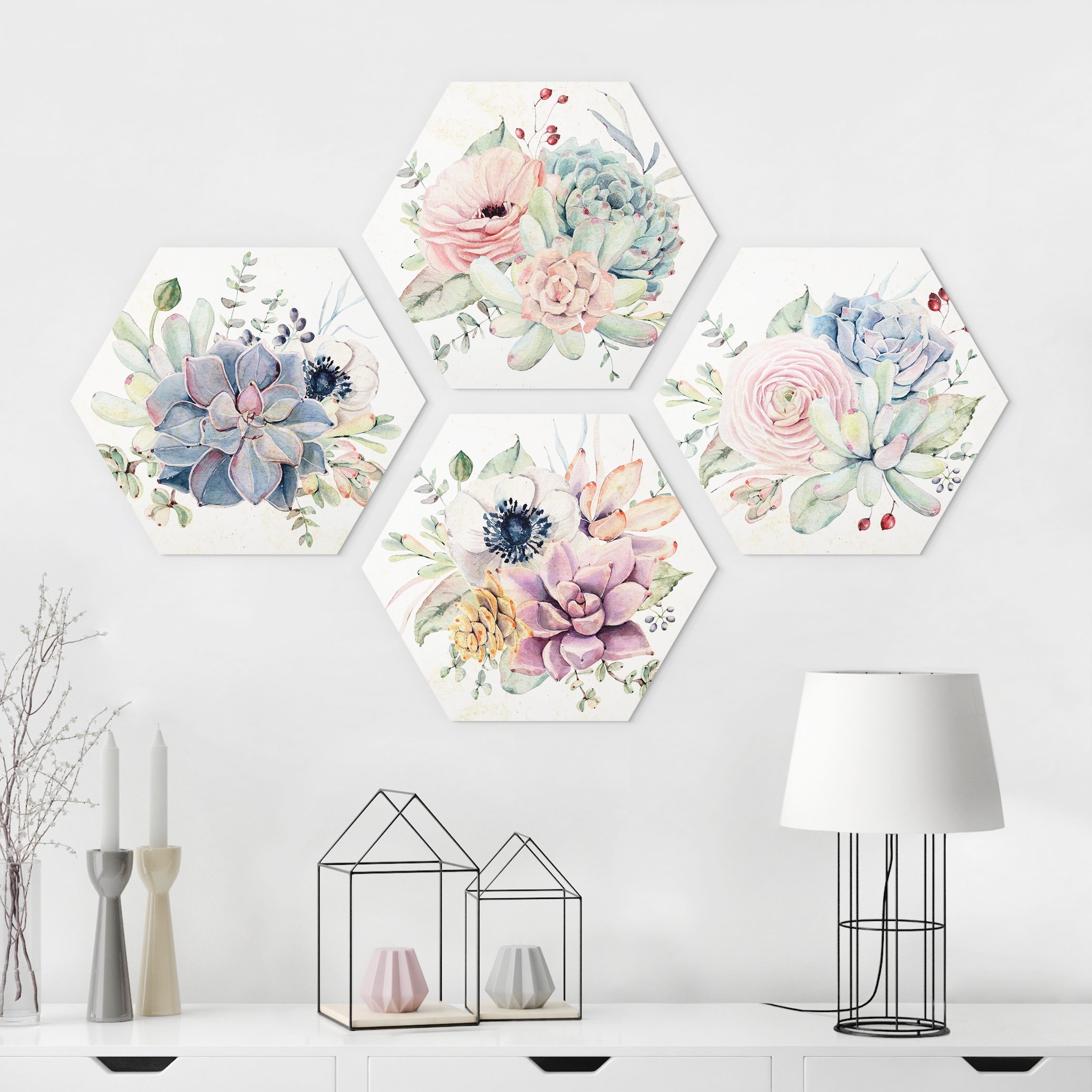 4-teiliges Hexagon-Alu-Dibond Bild Aquarell Blumen Landhaus